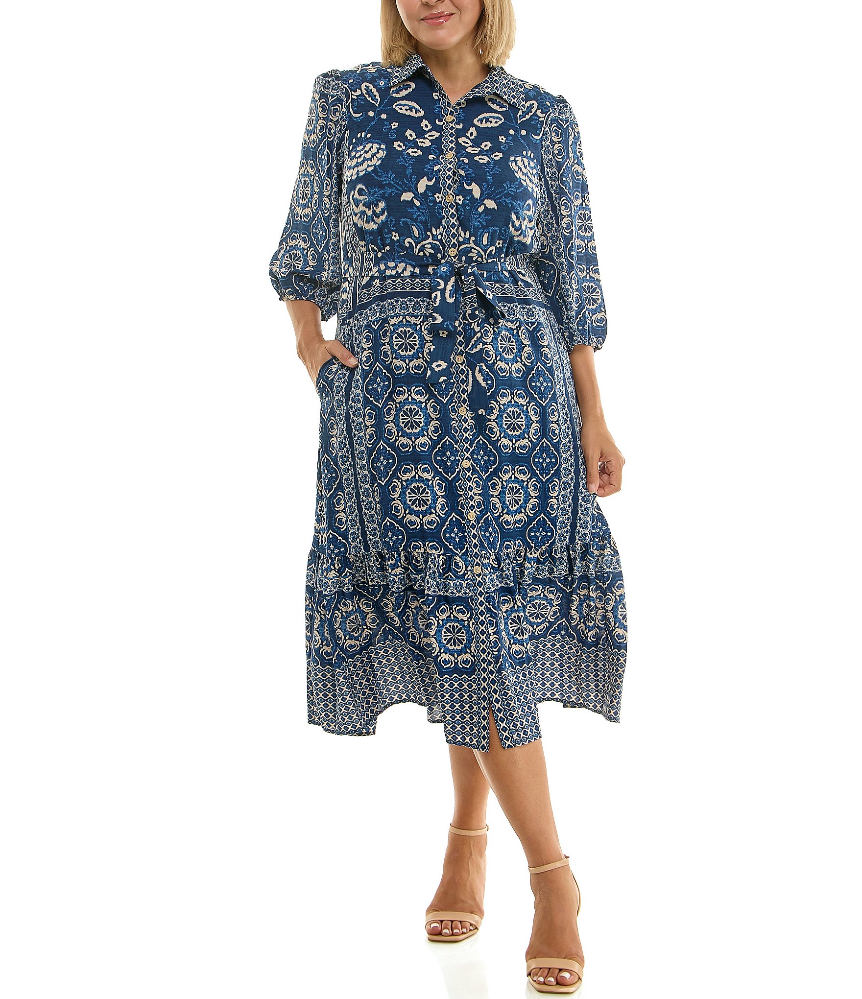 Moda Tara Plus Size Point Collar Button Front Printed Midi Dress