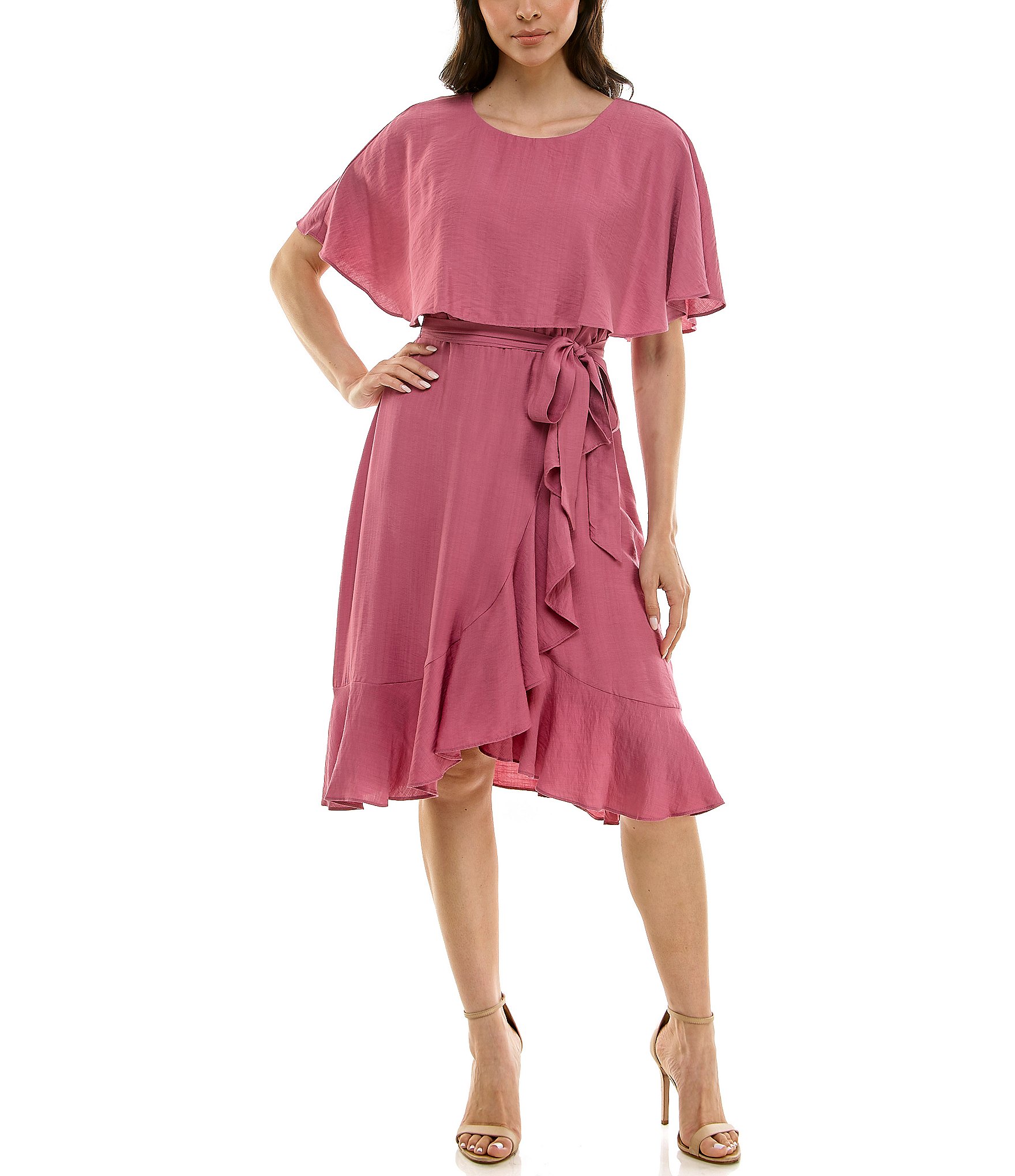 Moda Tara Short Capelet Sleeve Boat Neck Ruffle Wrap Midi Dress