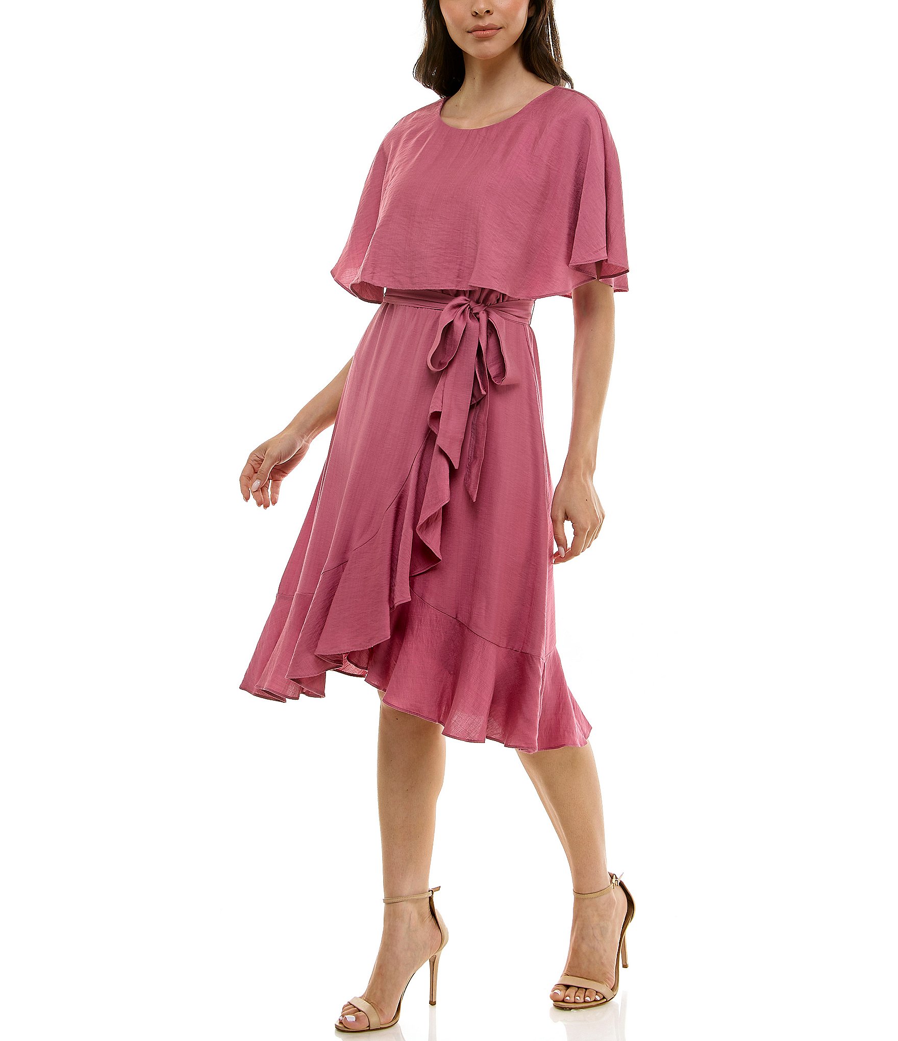 Moda Tara Short Capelet Sleeve Boat Neck Ruffle Wrap Midi Dress