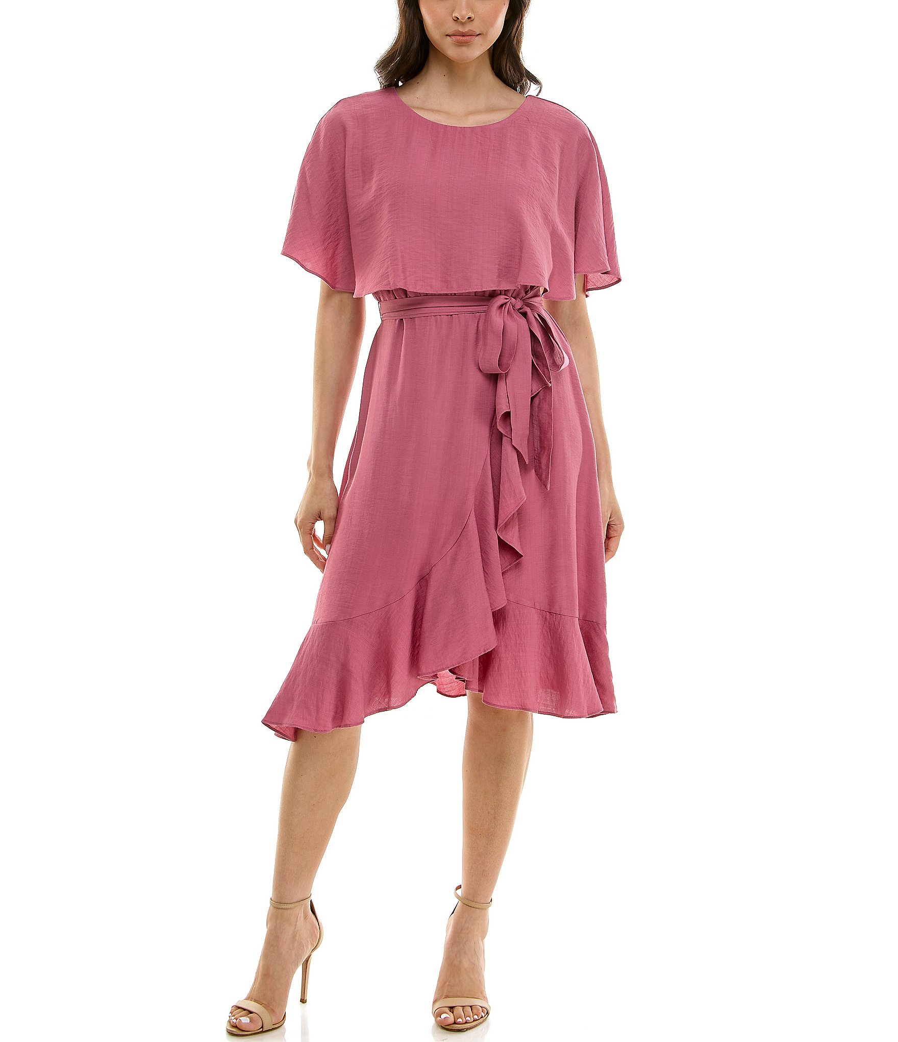 Moda Tara Short Capelet Sleeve Boat Neck Ruffle Wrap Midi Dress