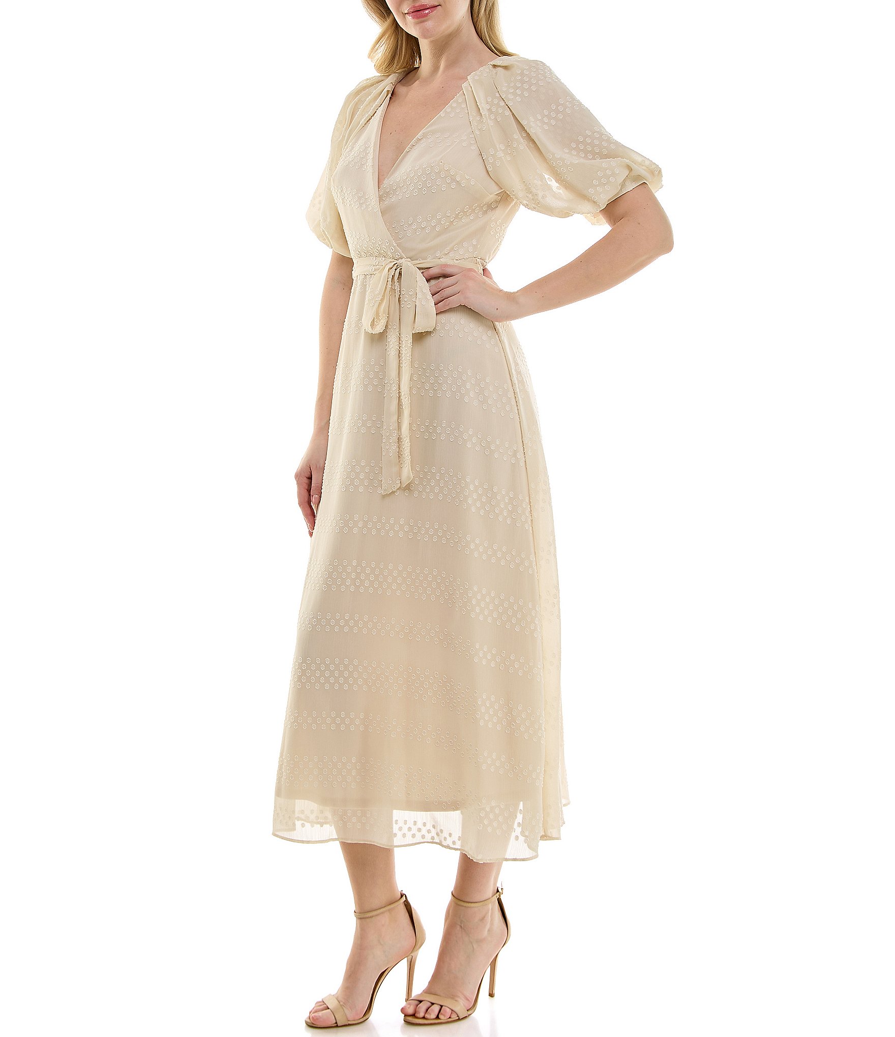Moda Tara Short Puffed Sleeve V-Neck Chiffon A-Line Midi Dress