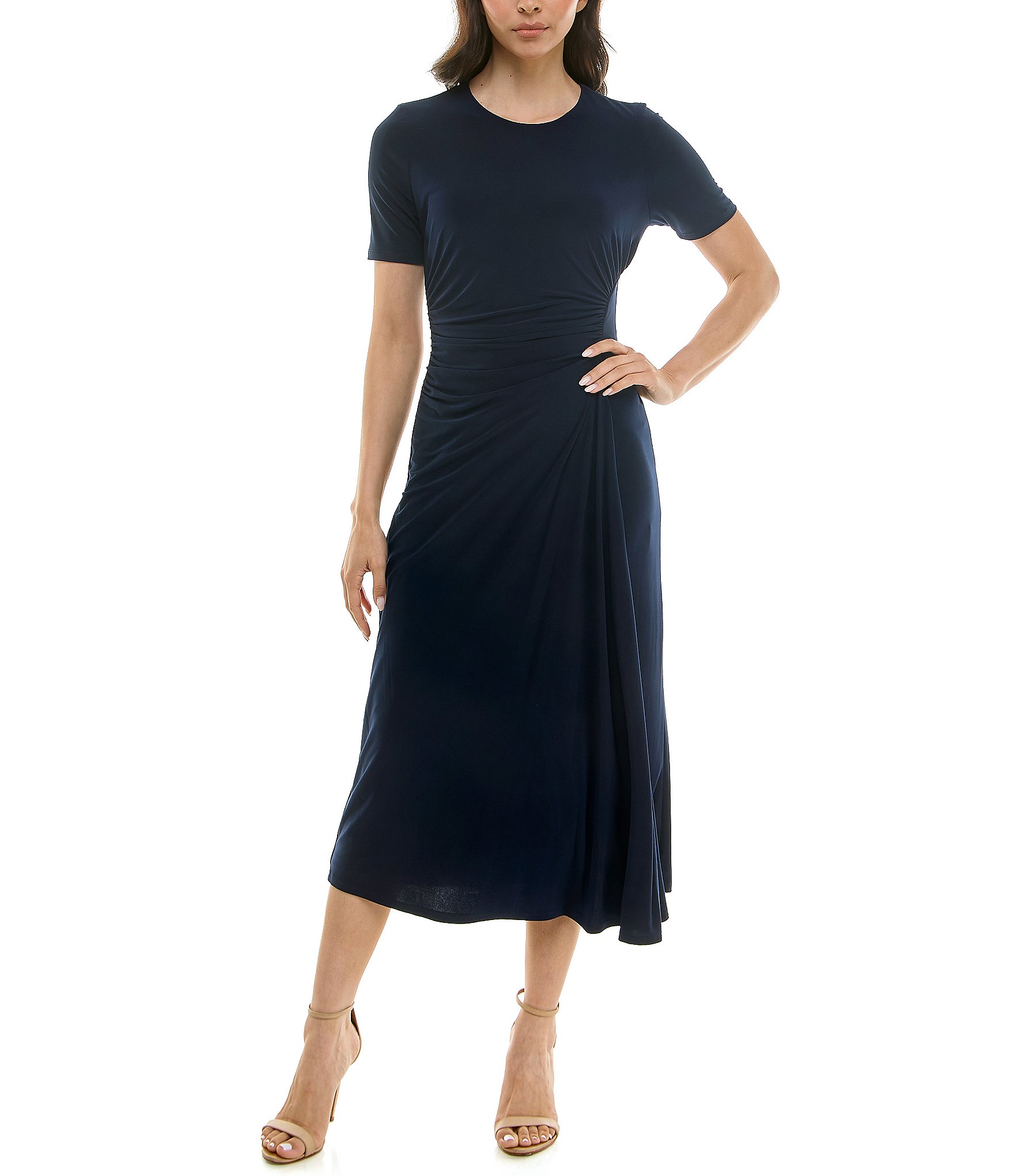 Moda Tara Short Sleeve Stretch Knit Crew Neck Midi Sheath Dress