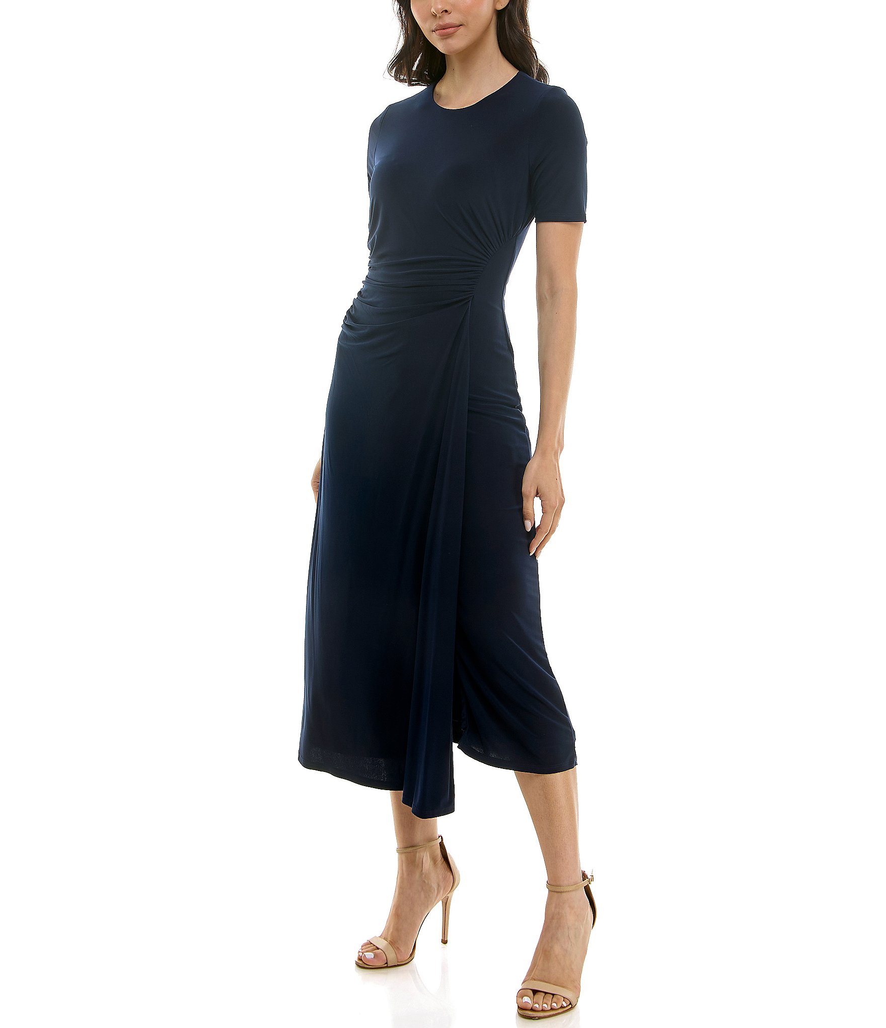 Moda Tara Short Sleeve Stretch Knit Crew Neck Midi Sheath Dress