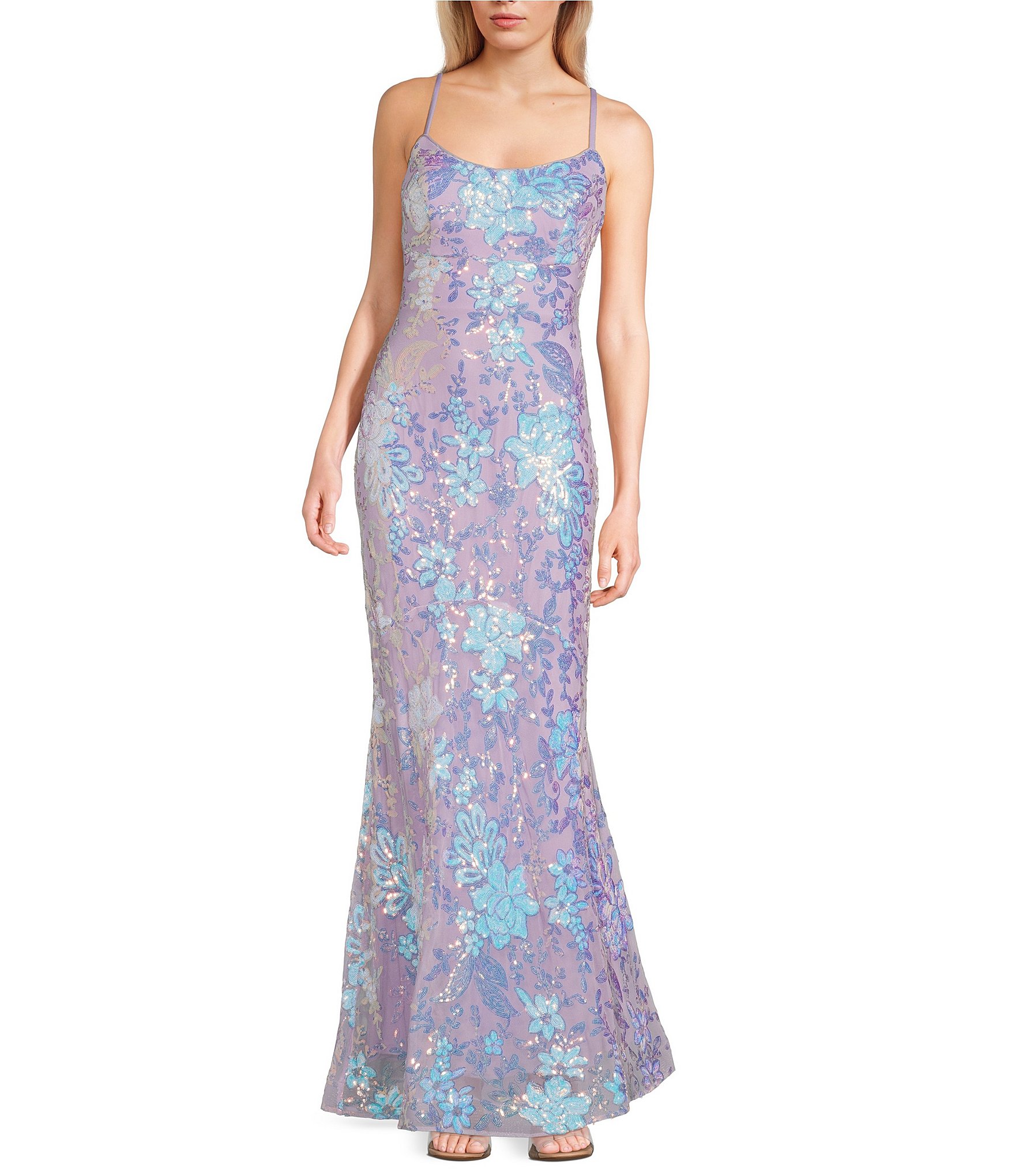 Morgan & Co. Pattern Floral Sequin Bar Back Long Dress | Dillard's