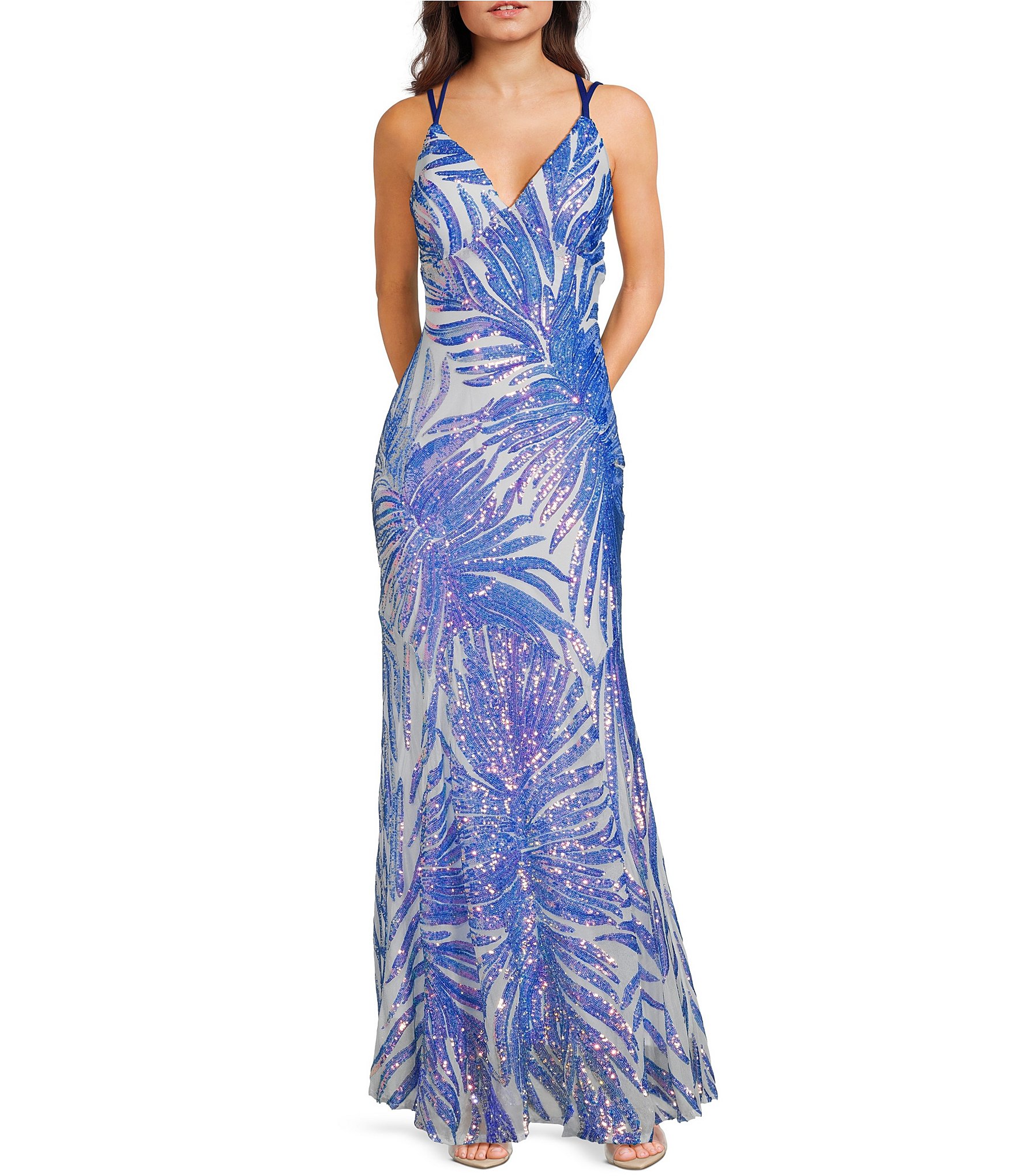 Morgan & Co. Pattern Sequin Cage Back Long Dress