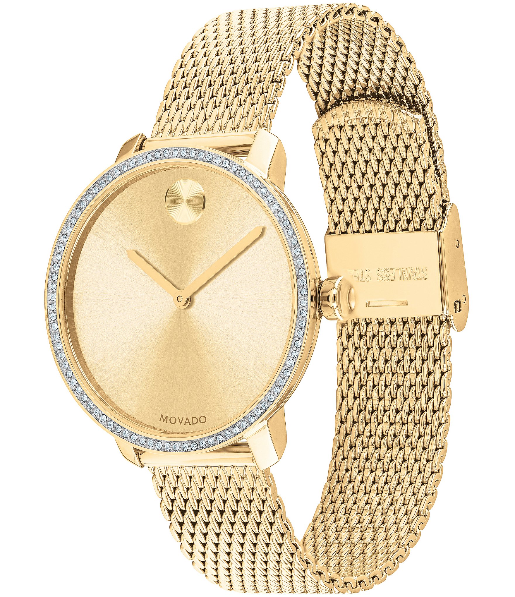 Movado Bold Gold Crystal IP Mesh Bracelet Watch