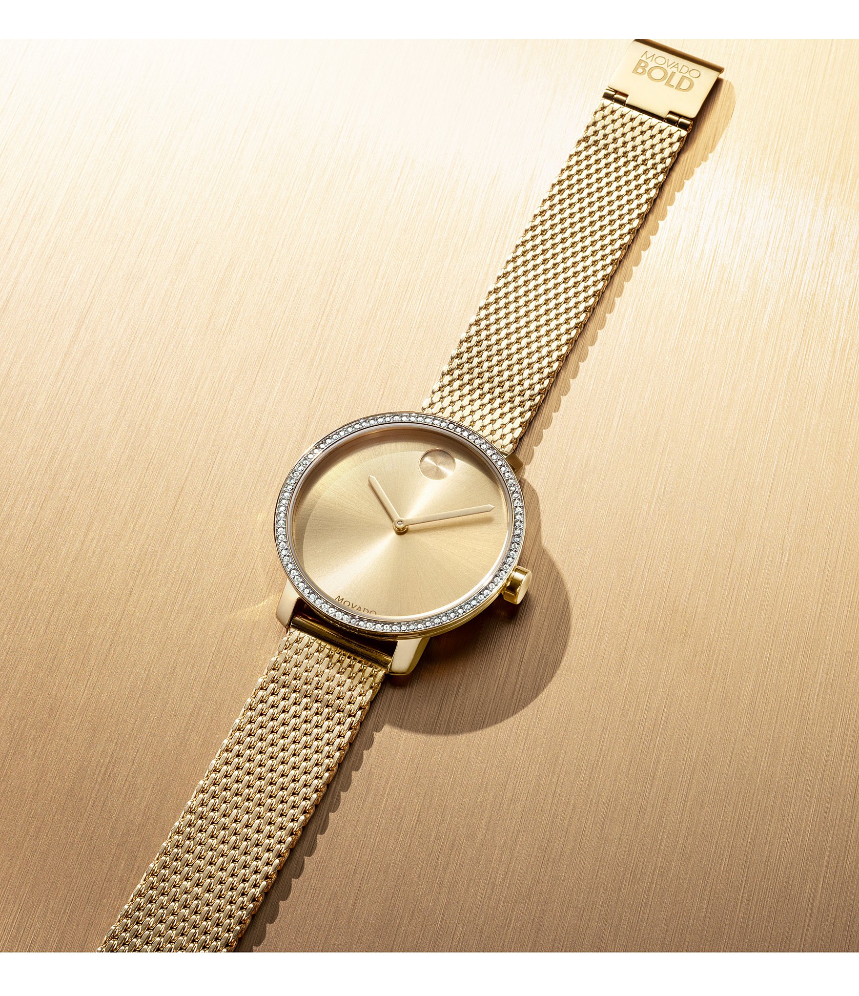 Movado Bold Gold Crystal IP Mesh Bracelet Watch