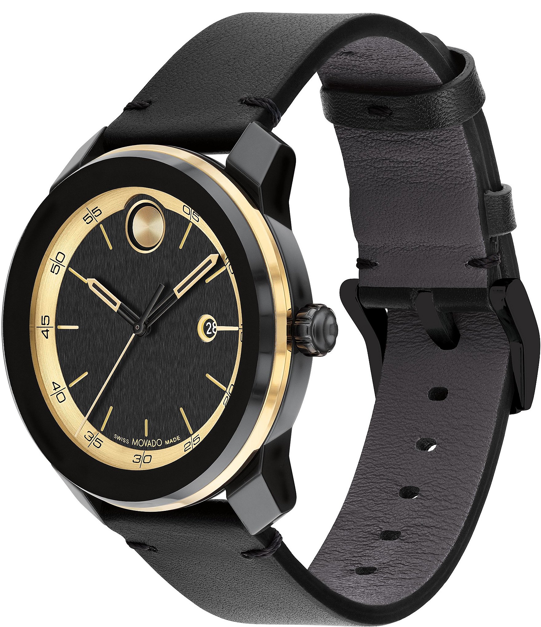 Movado Bold Men's TR90 Quartz Analog Gold Tone Black Leather Strap Watch