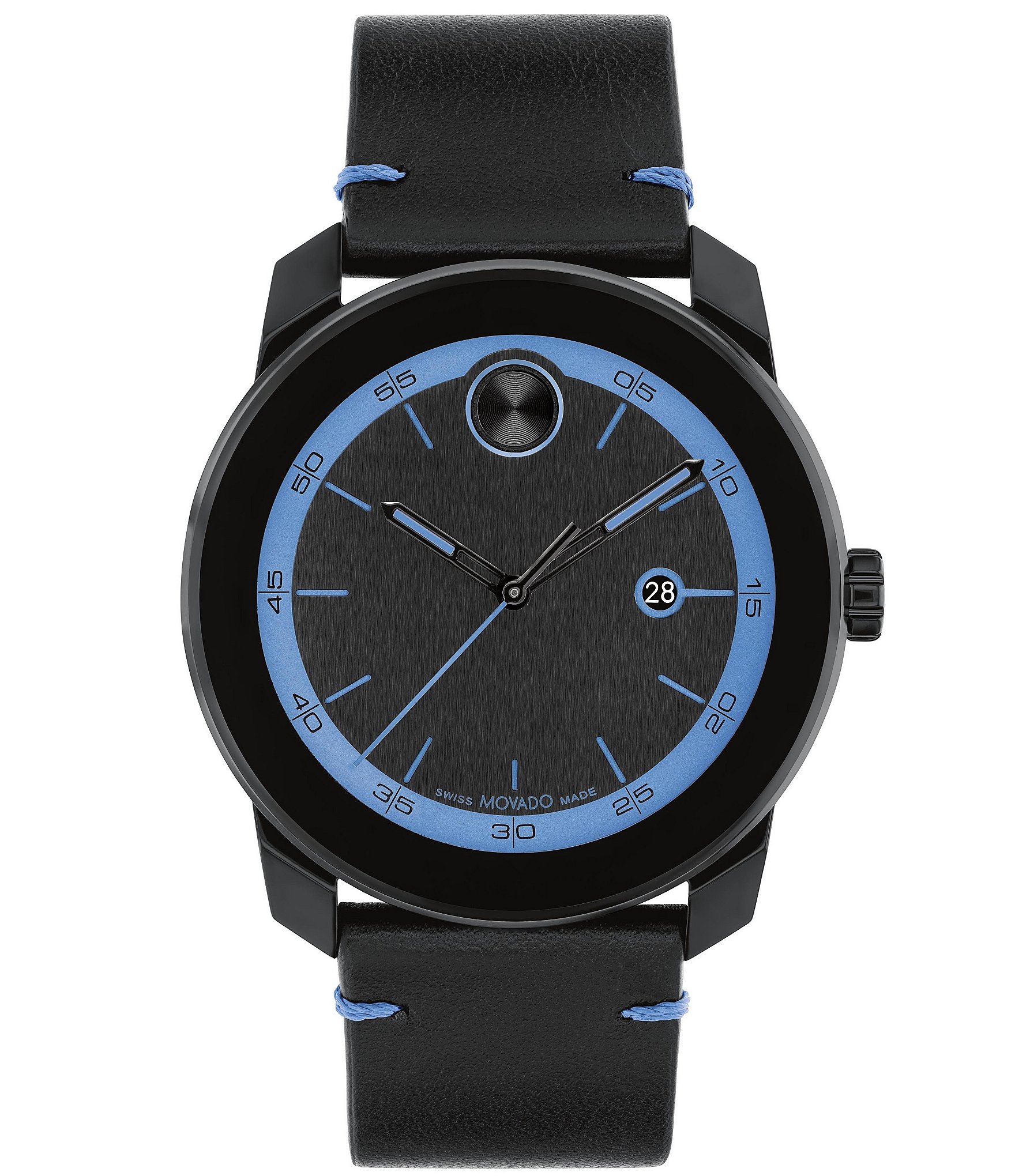 Movado Bold Men's TR90 Quartz Analog Blue Detail Black Leather Strap Watch