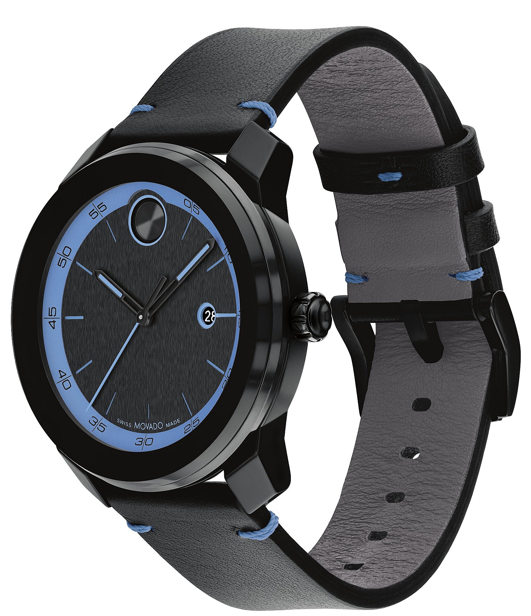 Movado Bold Men's TR90 Quartz Analog Blue Detail Black Leather Strap Watch