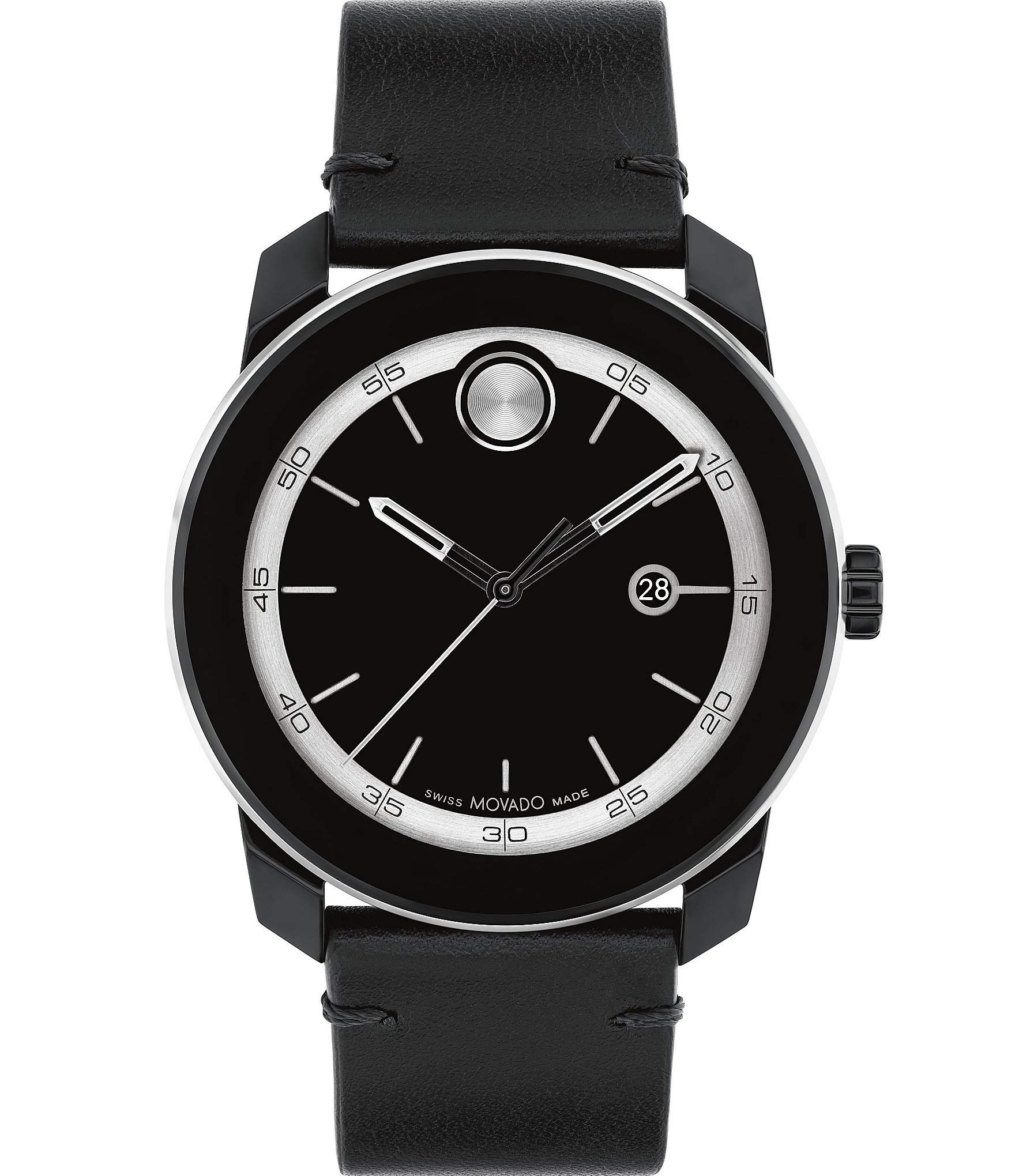 Movado Bold Men's TR90 Quartz Analog Silver Detail Black Leather Strap Watch