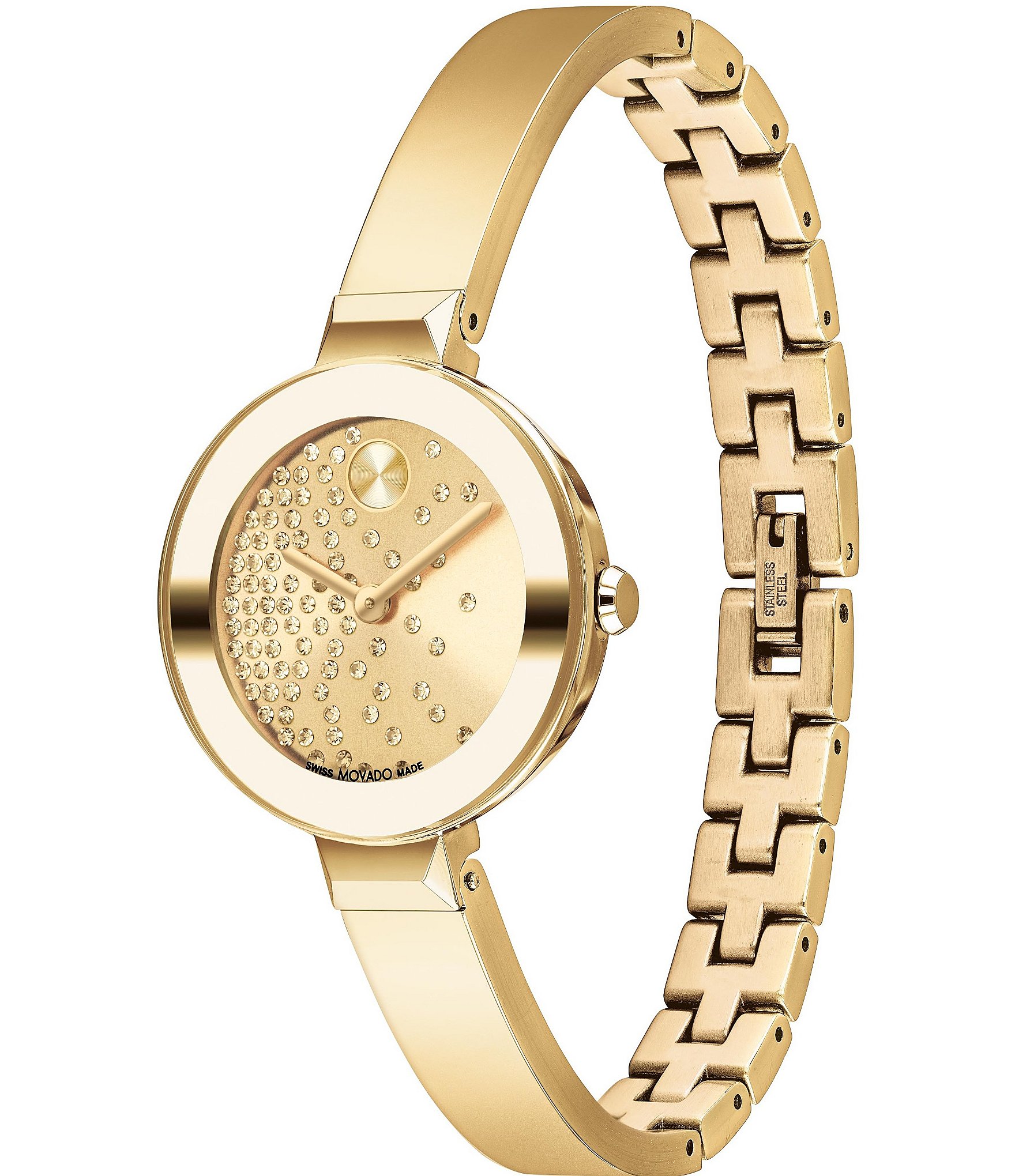 Movado Bold Women's Bangle Quartz Analog Scattered Crystal Dial Light Gold Bangle Bracelet Watch