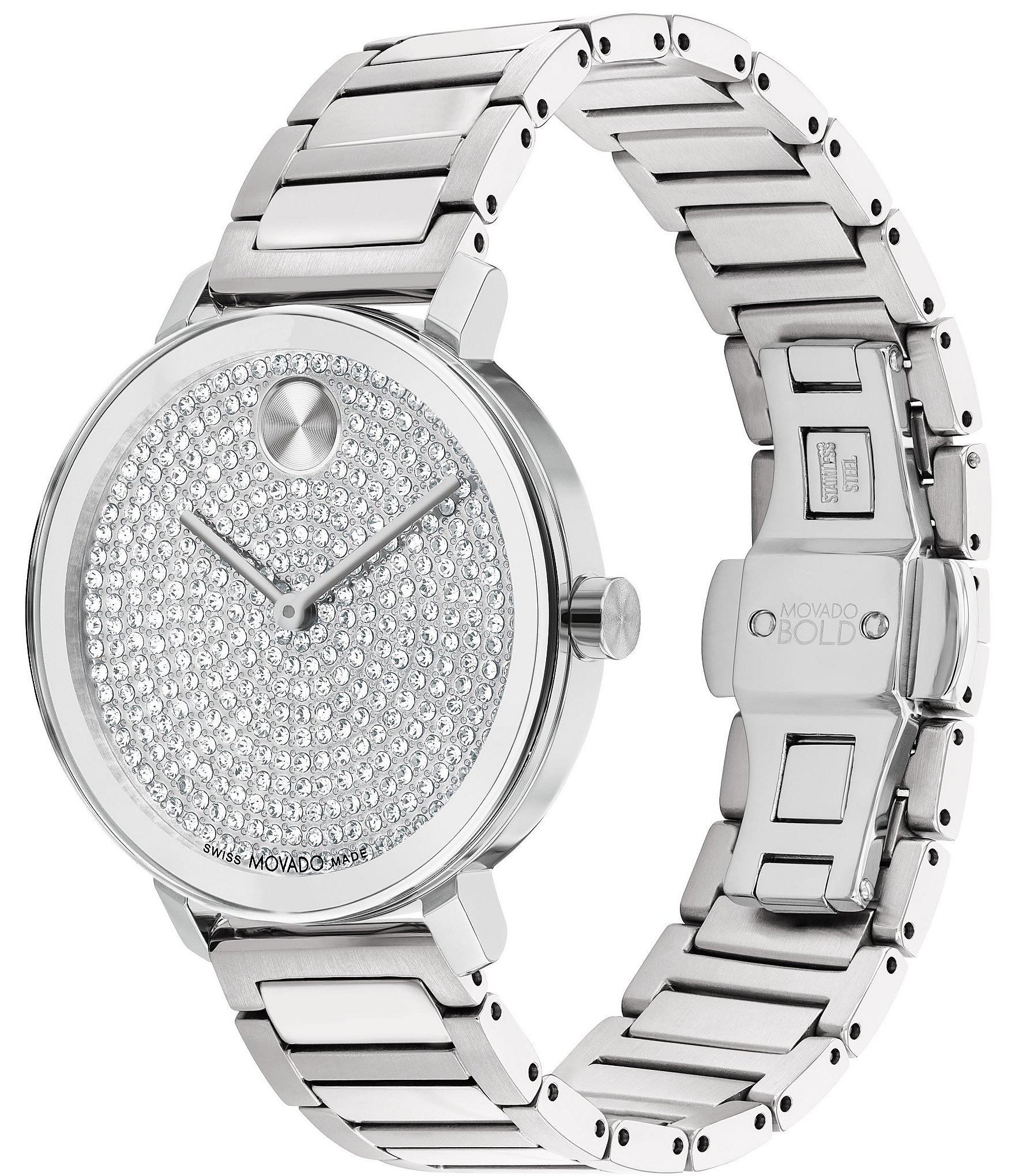 Movado Bold Women's Evolution 2.0 Quartz Analog Crystal Pave Dial Stainless Steel Bracelet Watch