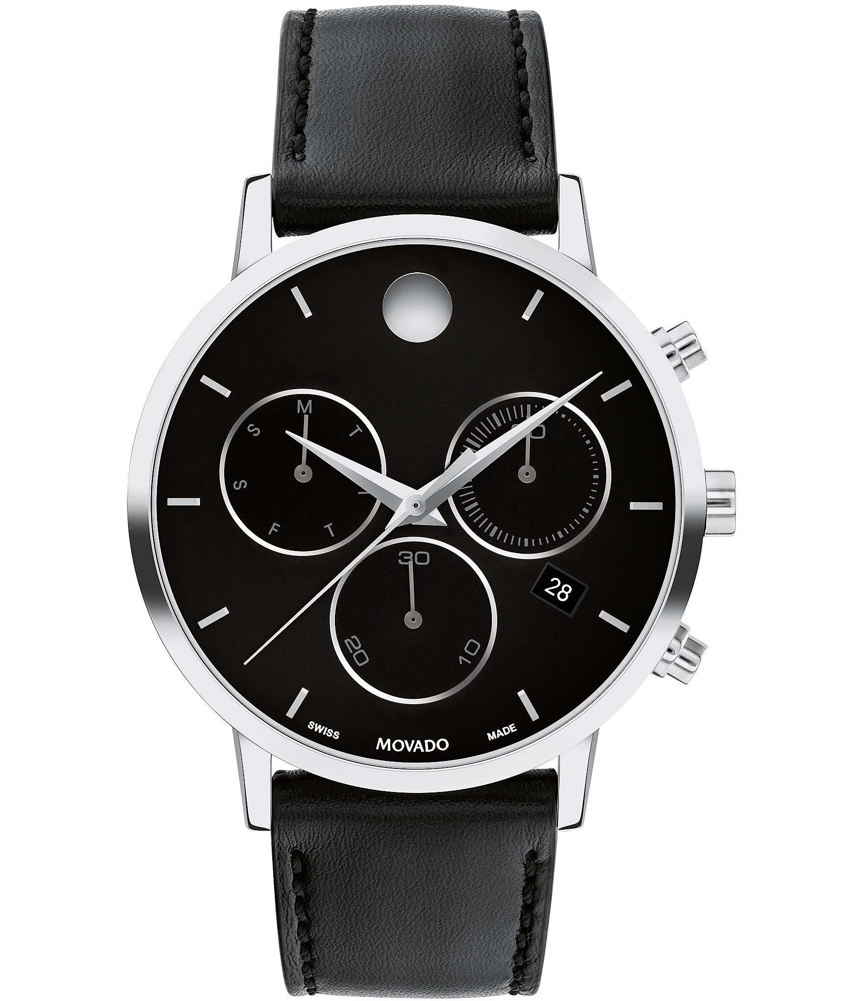 Movado museum black dial black leather strap 2024 men's watch