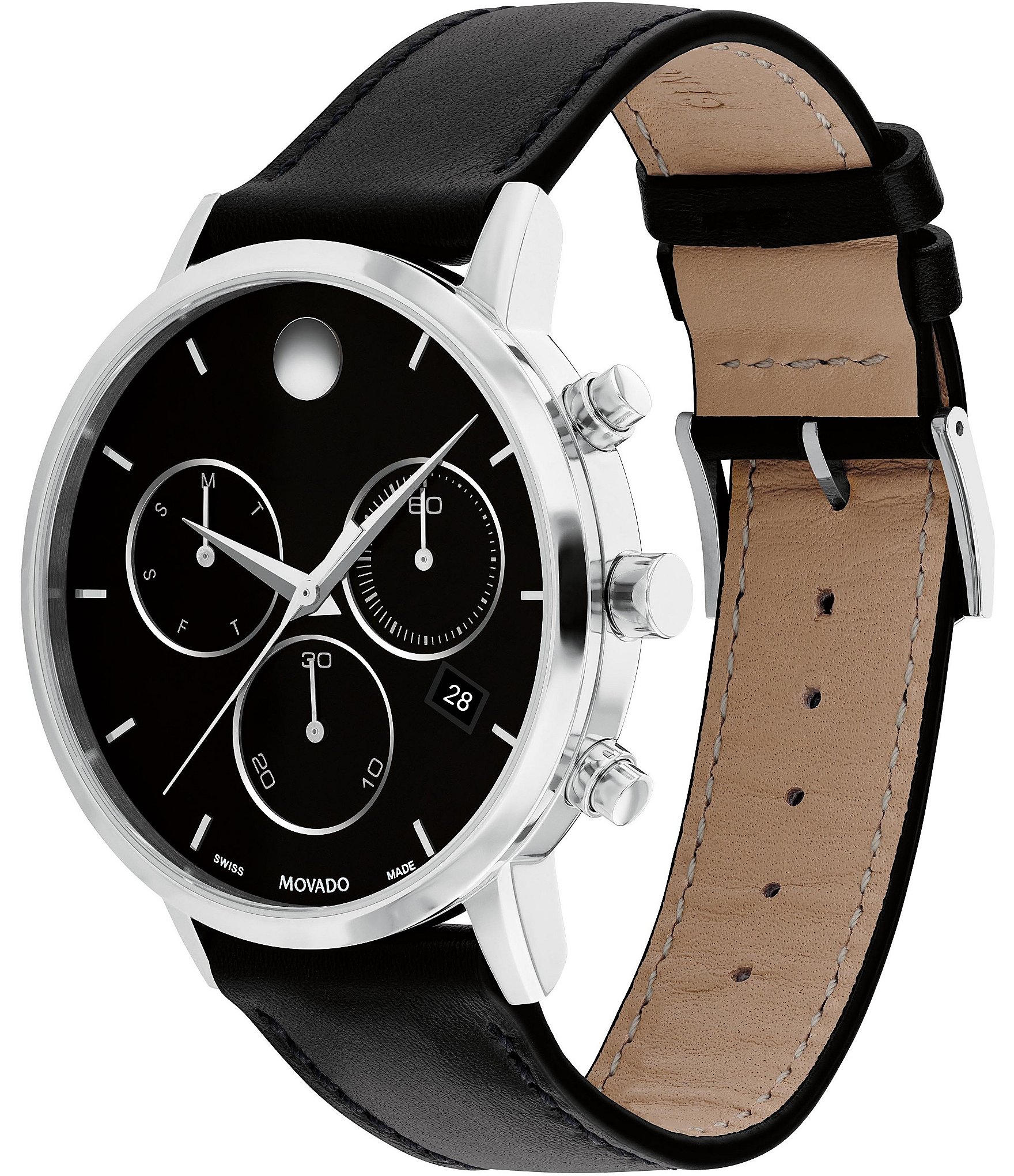 Movado Men's Museum Classic Quartz Chronograph Black Leather Strap Watch