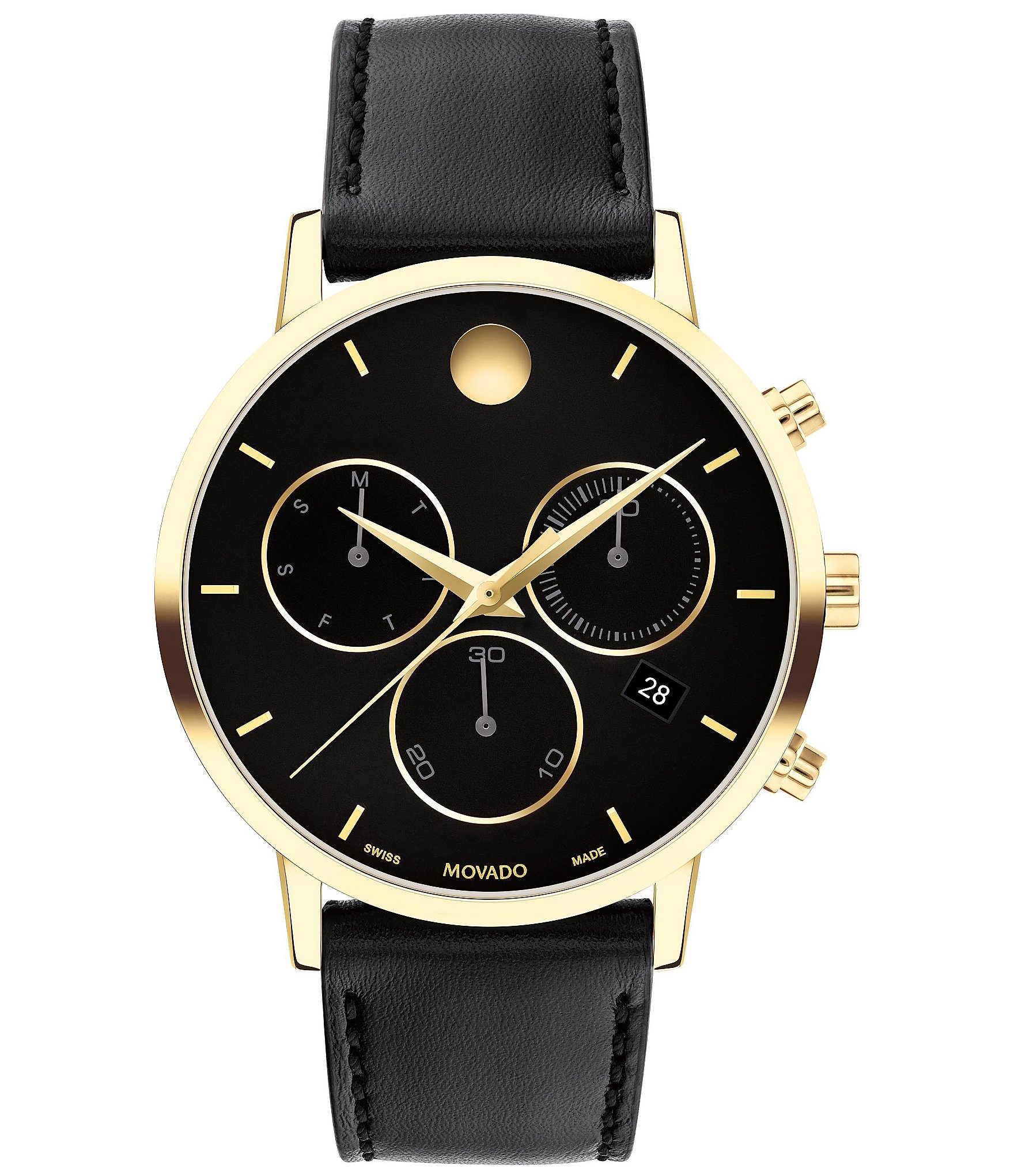 Movado Men's Museum Classic Quartz Chronograph Yellow Gold PVD Case Black Leather Strap Watch