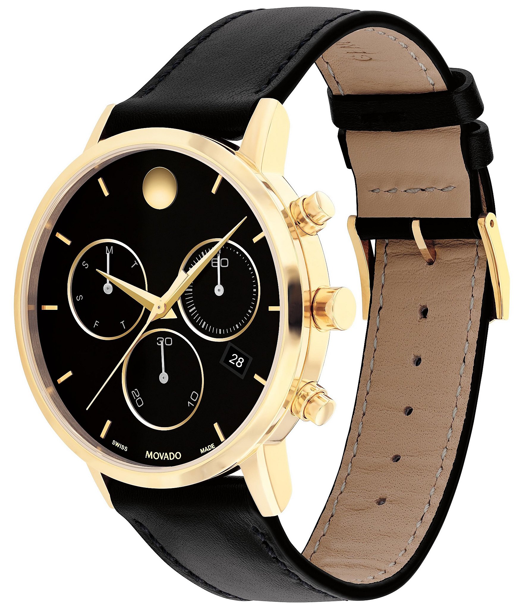 Movado Men's Museum Classic Quartz Chronograph Yellow Gold PVD Case Black Leather Strap Watch