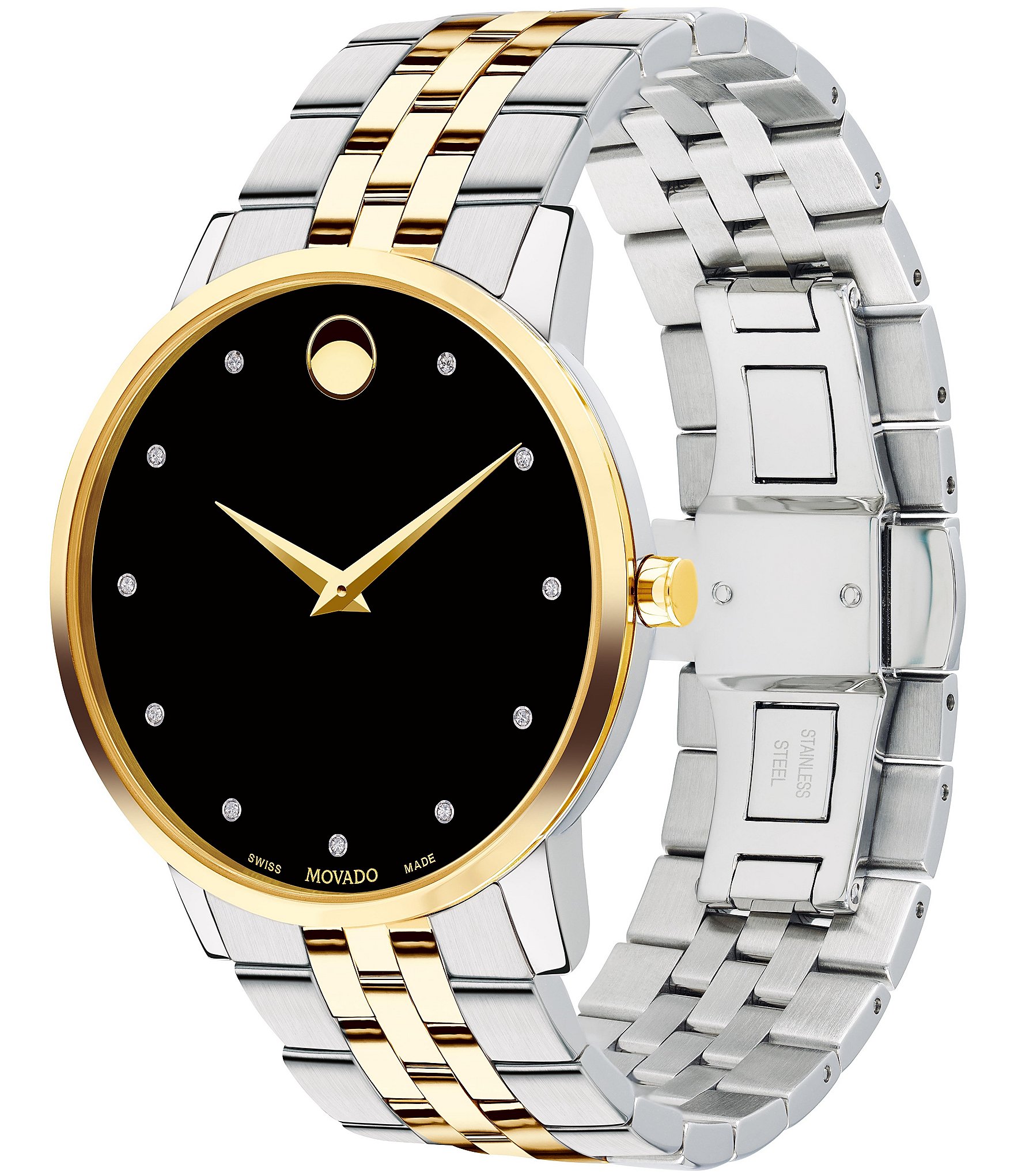 Movado Museum Classic Two Tone Link Bracelet Watch with Diamond Detail