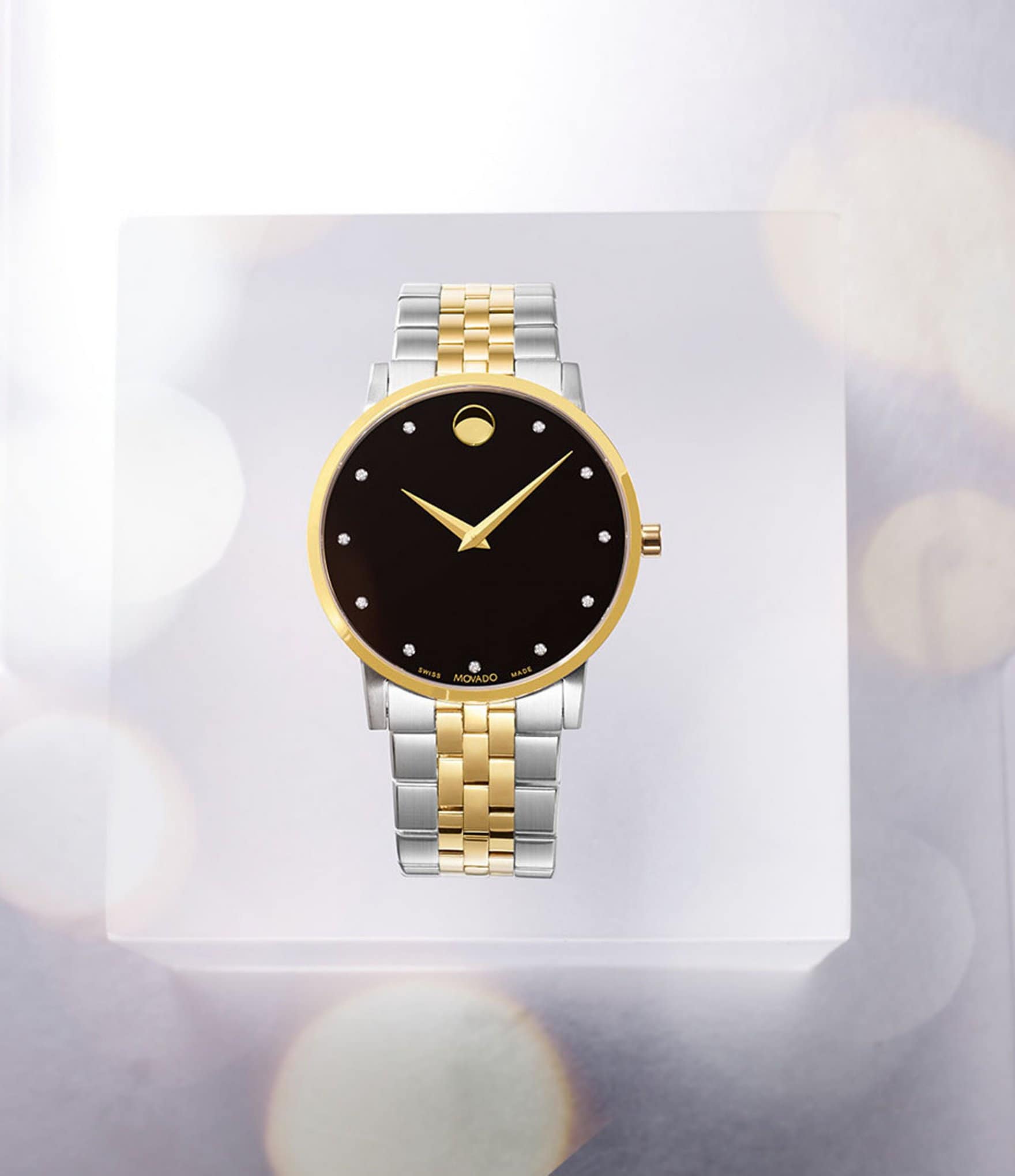 Movado Museum Classic Two Tone Link Bracelet Watch with Diamond Detail