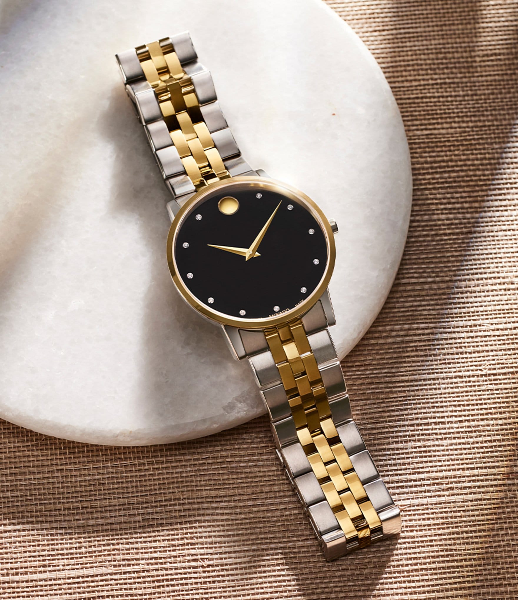 Movado Museum Classic Two Tone Link Bracelet Watch with Diamond Detail