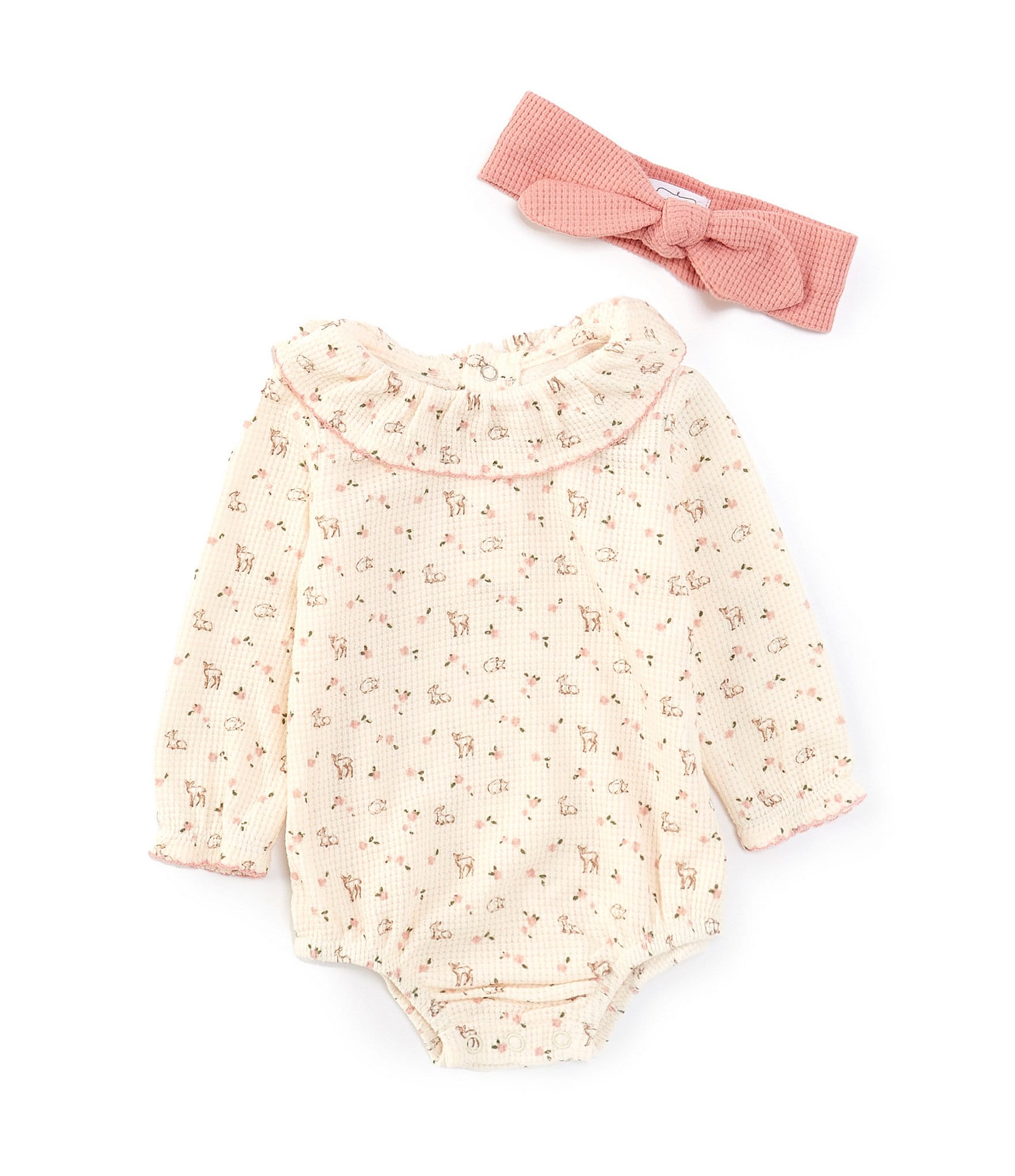 Mud Pie Baby Girls Newborn-9 Months Long Sleeve Printed Waffle-Knit Bodysuit