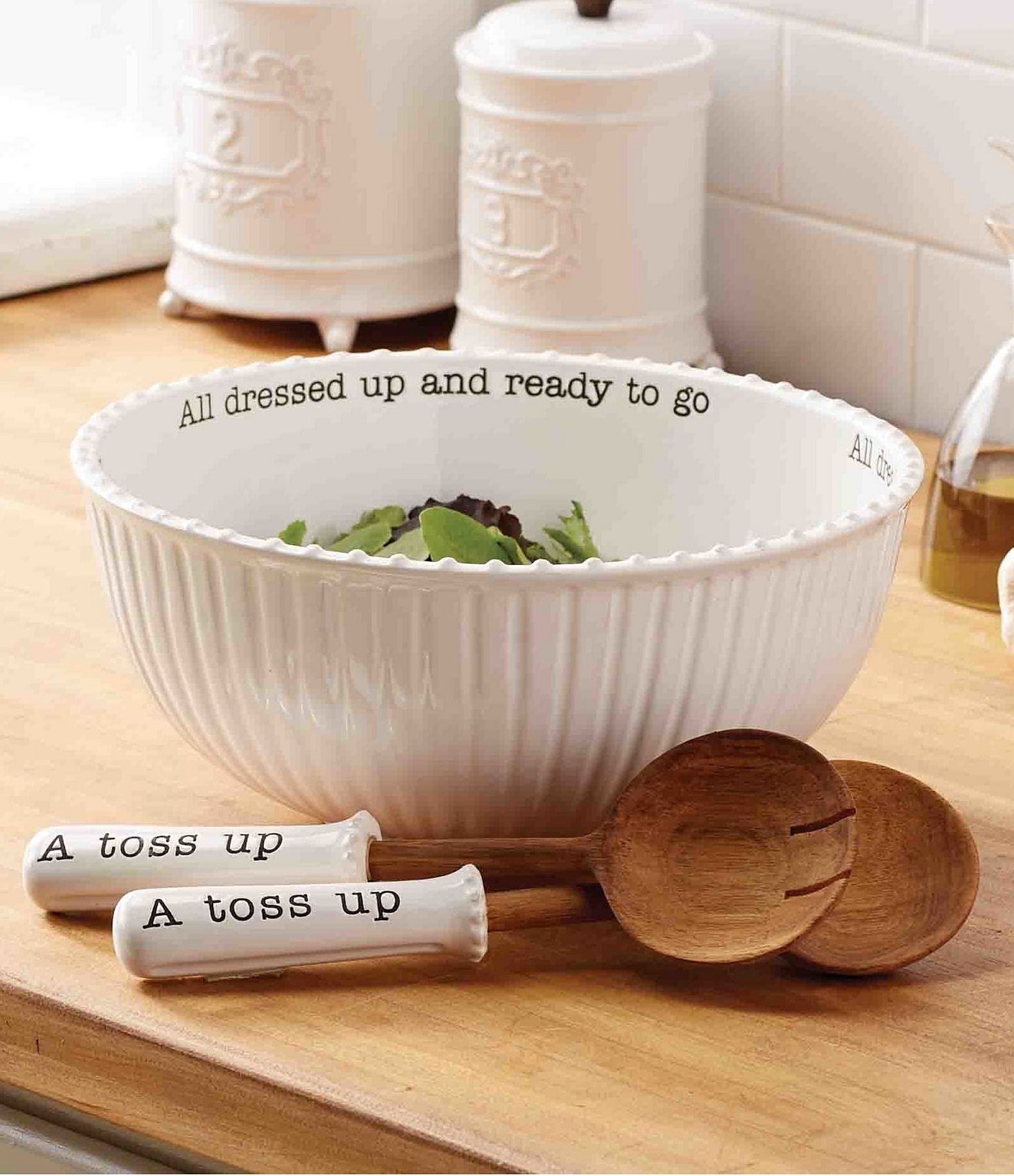 Mud Pie Circa Ceramic Salad Bowl & Wood Server Set