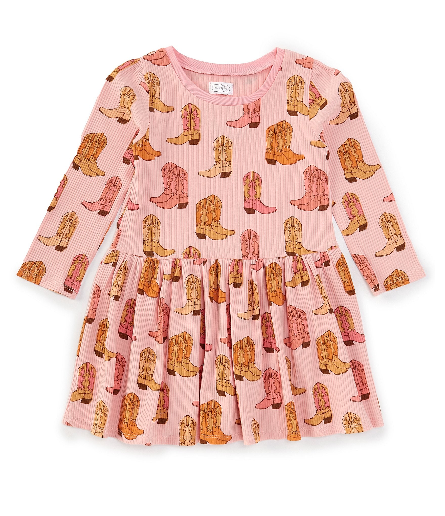 Mud Pie Little Girls 2T-5T Long Sleeve Cowgirl-Themed Printed Drop-Waist Dress