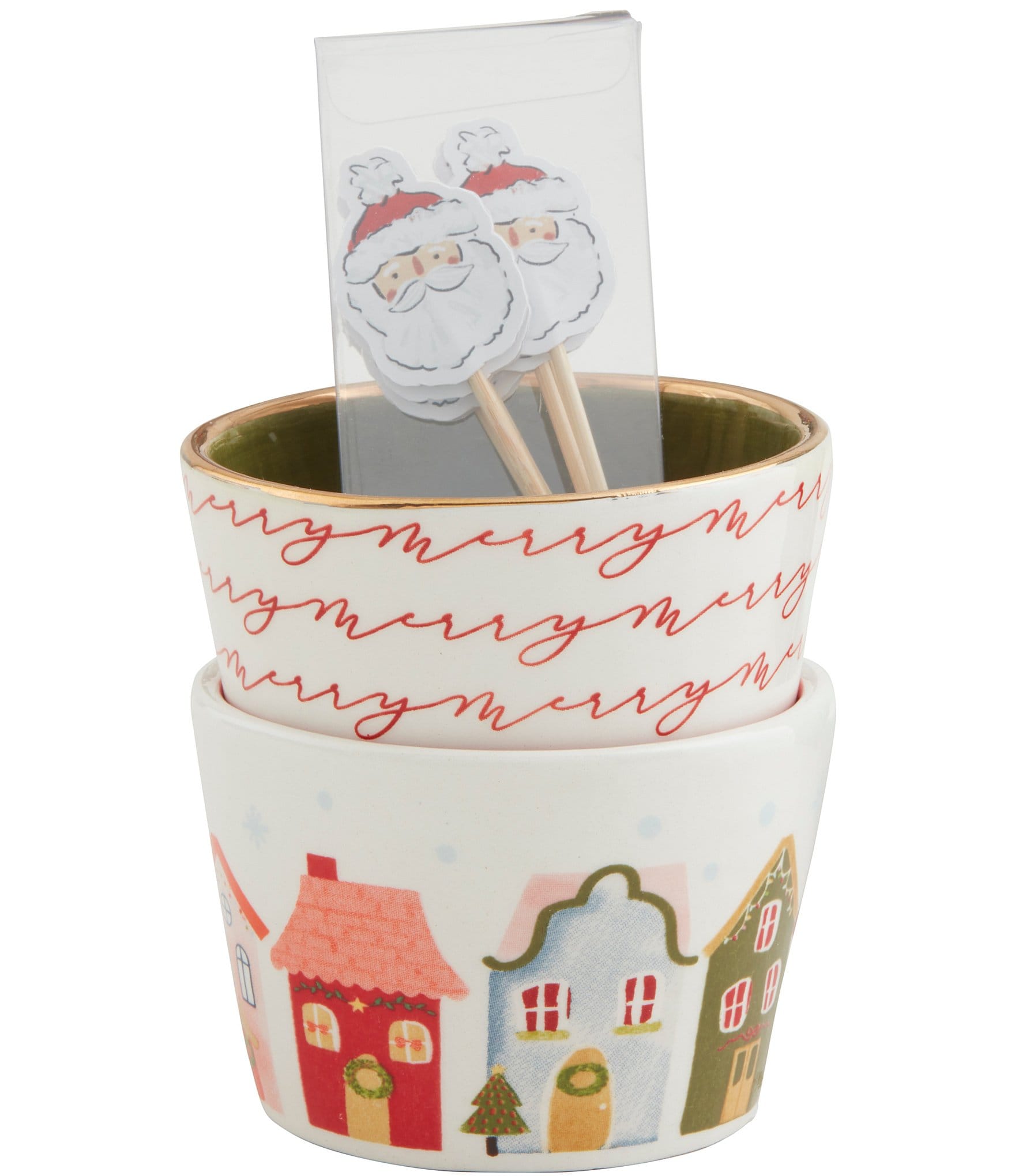 Mud Pie Winter Wonderland Merry & Houses Tidbit Bowls & Toothpick Set