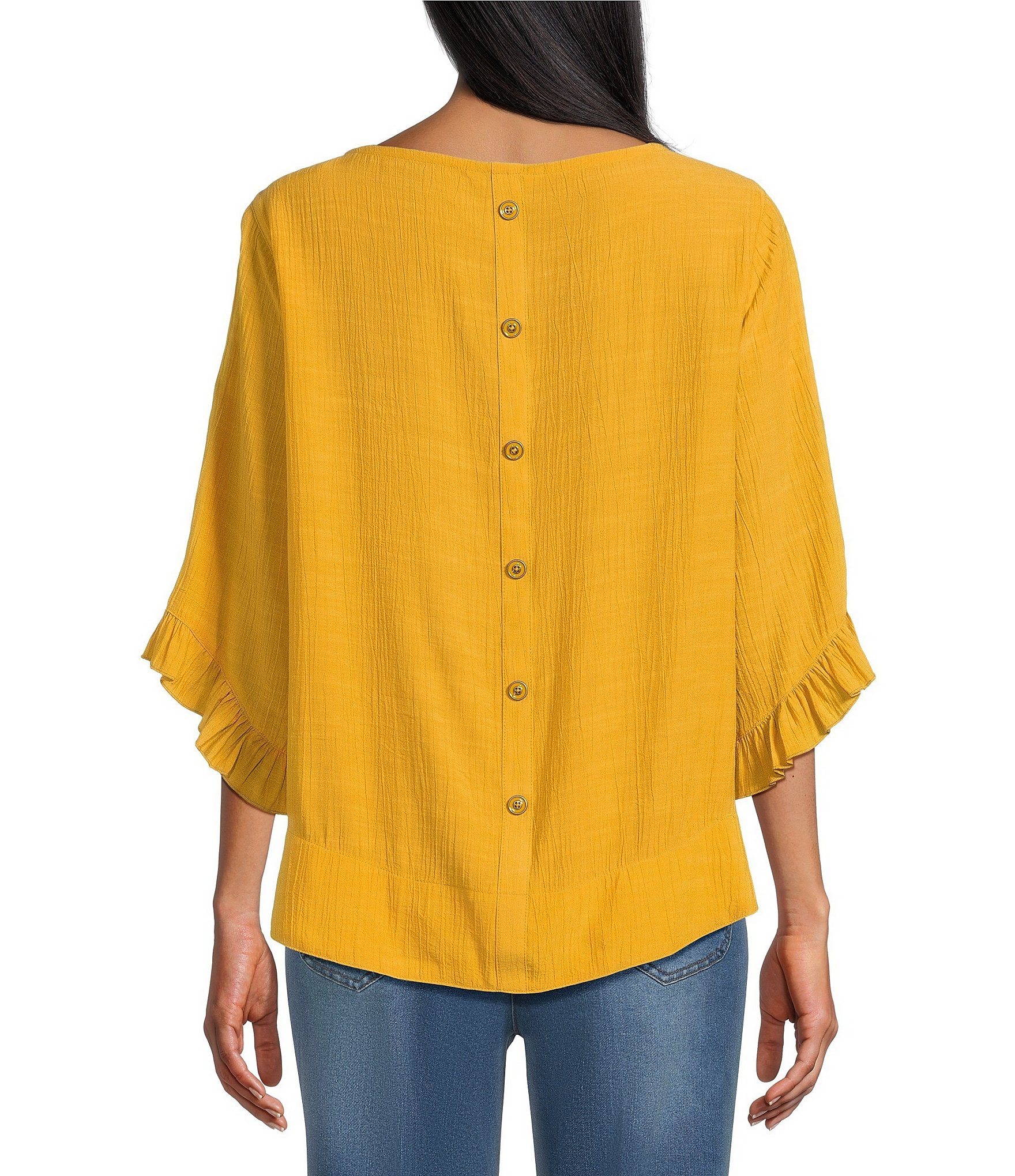 Multiple Slub Crinkle Woven Scoop Neck 3/4 Ruffle Sleeve