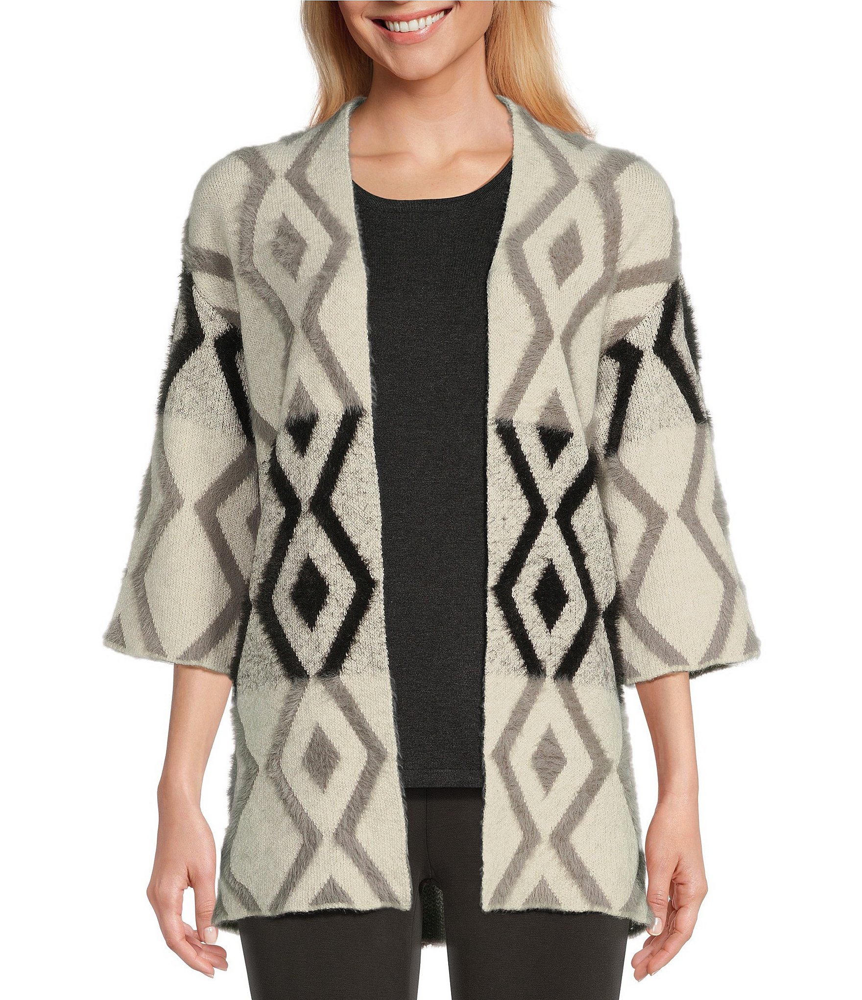 Multiples 3/4 Sleeve Open-Front Yarn Dye Sweater Knit Jacket | Dillard's