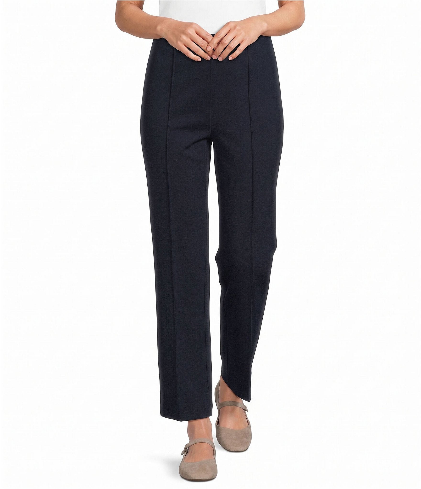 Multiples 4 Way Stretch Ponte No-Waist Pintuck Straight Leg Ankle Pants