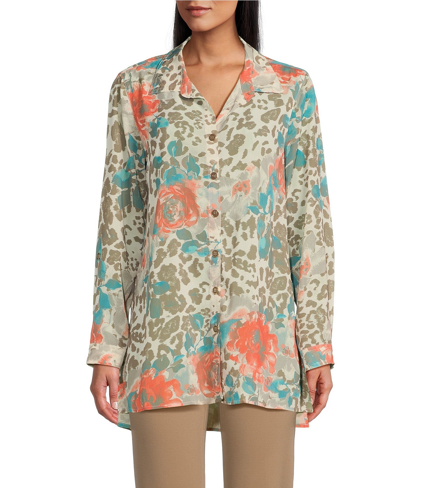 Multiples Animal & Floral Print Crinkled Yoryu Long Roll-Tab Sleeve  High-Low Hem Button Front Long Shirt | Dillard's