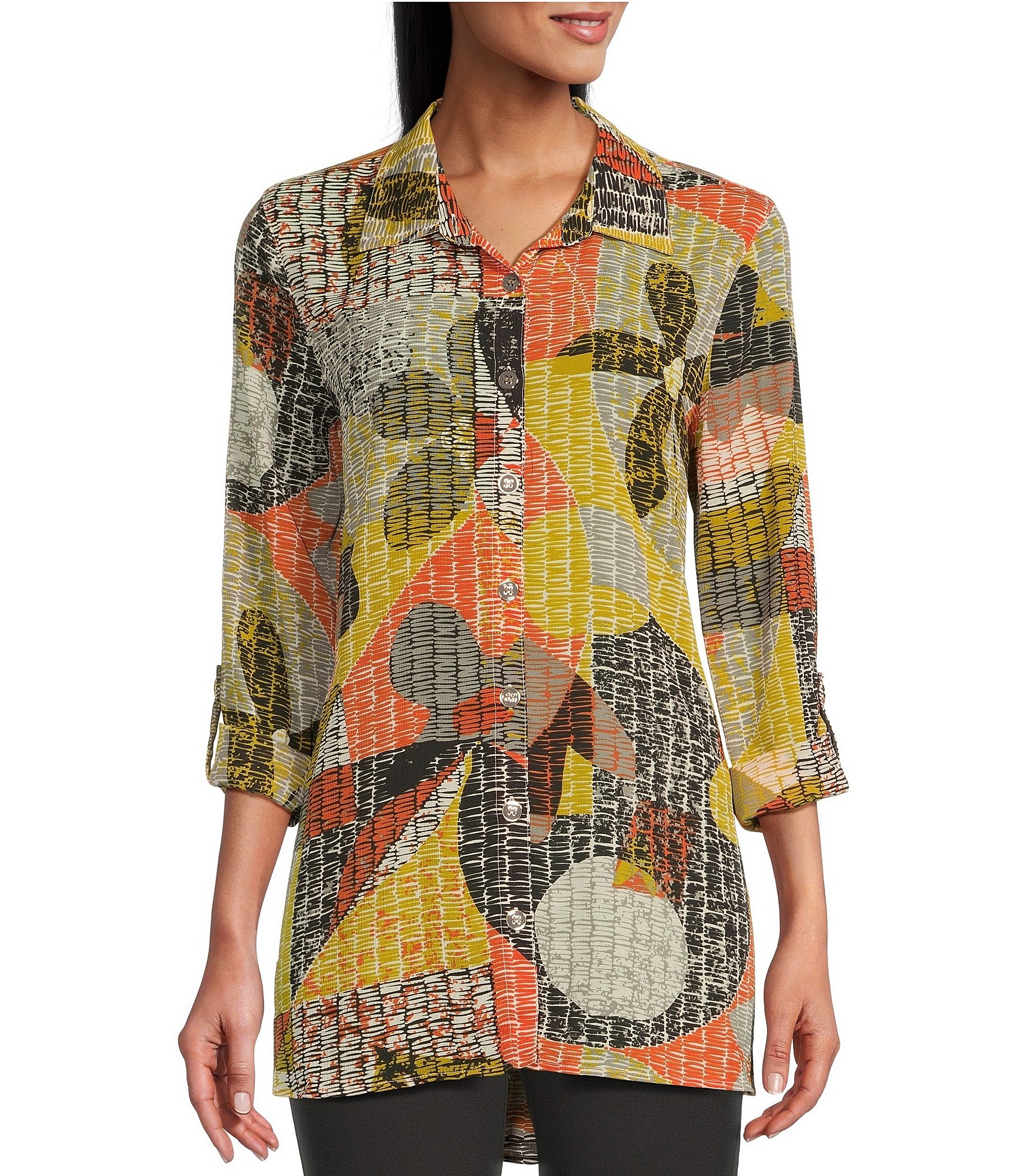 Multiples Animal & Floral Print Crinkle Yoryu Long Roll-Tab Sleeve Hi-Low  Button Front Long Shirt | Dillard's
