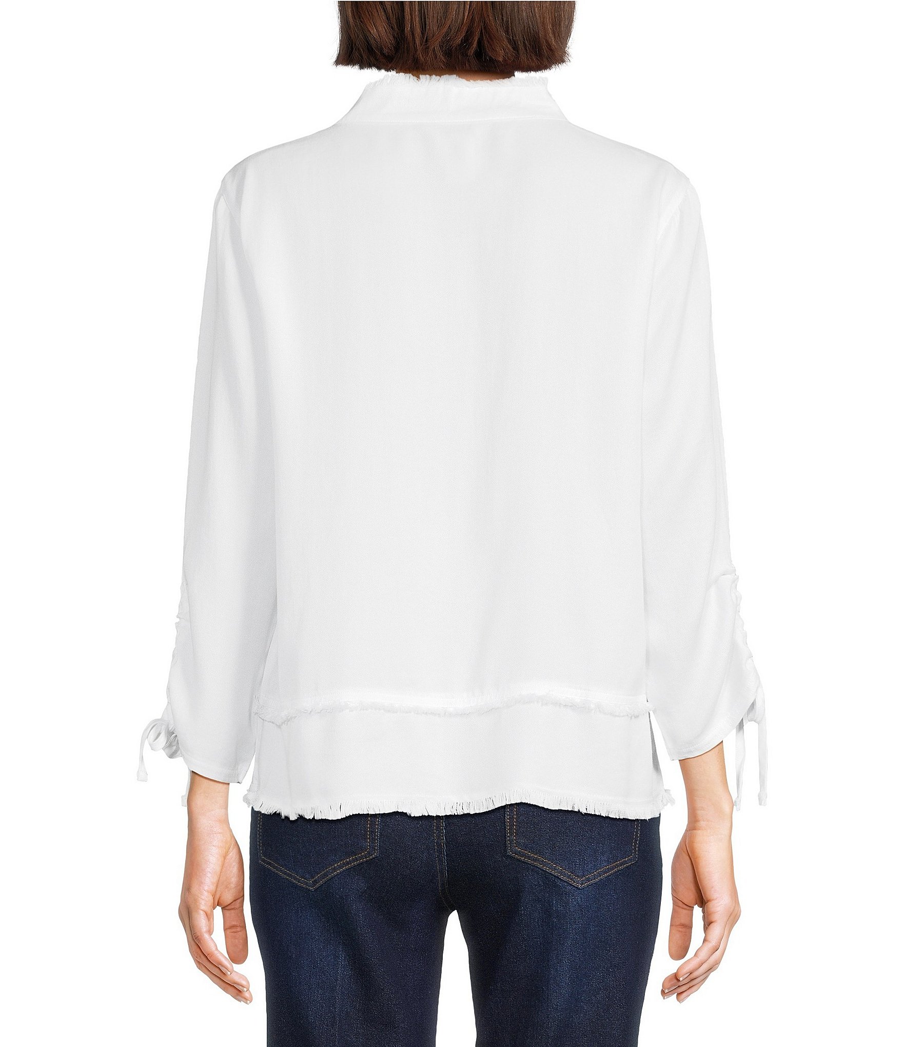 Multiples Band Collar 3/4 Drawstring Sleeve Fringe Trimmed High-Low Top