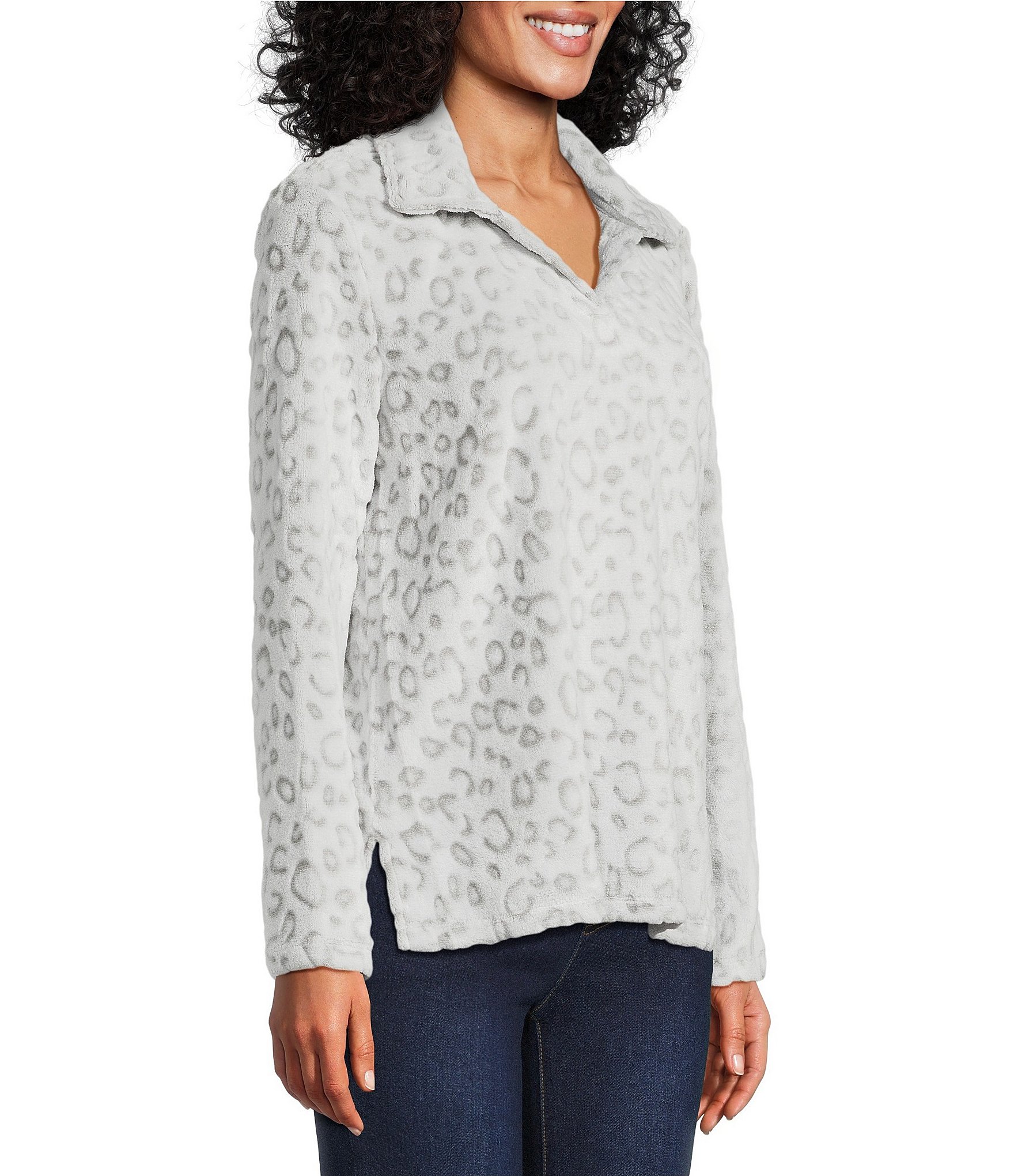 Multiples Cheetah Print Johnny Collar Long Sleeve Plush Knit Top