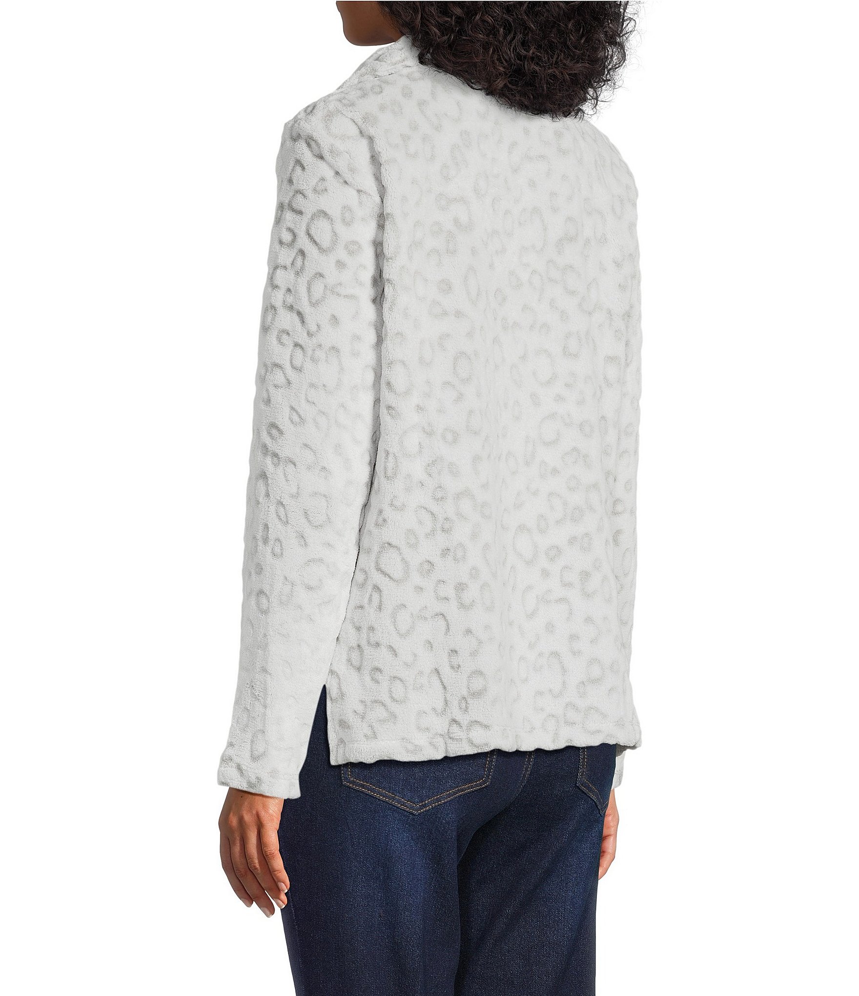 Multiples Cheetah Print Johnny Collar Long Sleeve Plush Knit Top