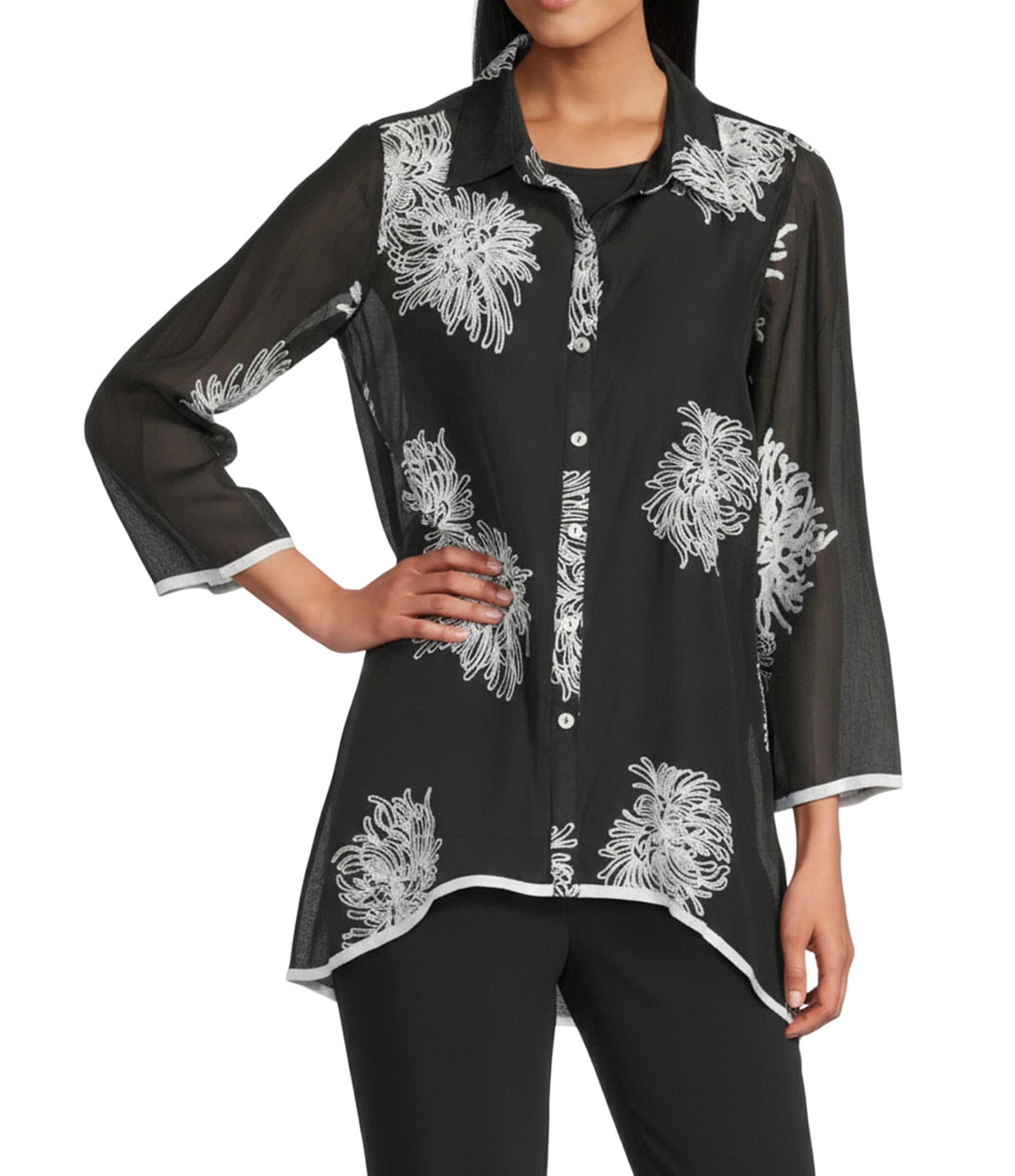 Multiples Crinkle Sheer All-Over Embroidery Point Collar 3/4 Sleeve Button Front Shirt