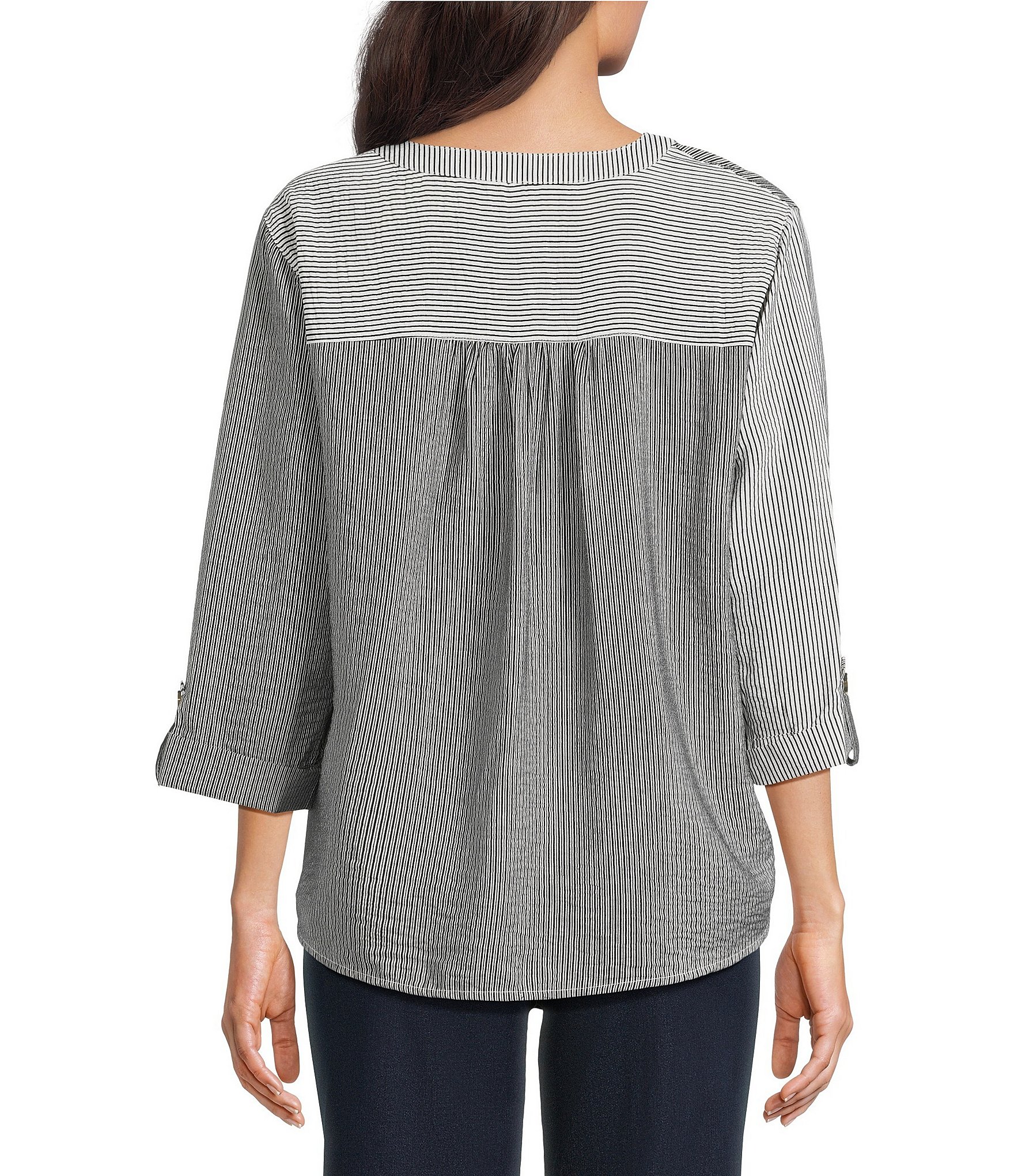 Multiples Crinkle Woven Stripe Y-Neck 3/4 Sleeve Button Front Top