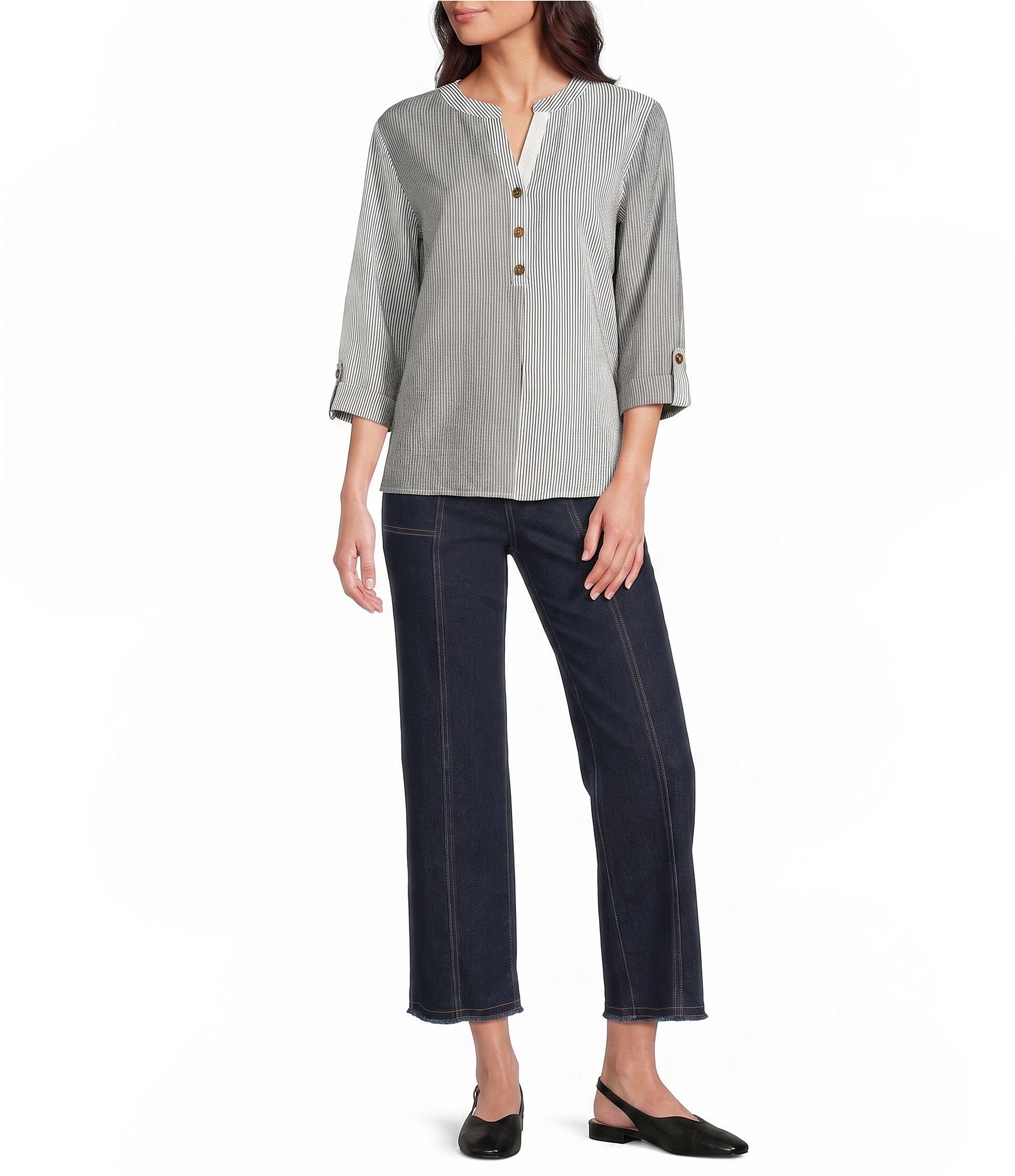 Multiples Crinkle Woven Stripe Y-Neck 3/4 Sleeve Button Front Top