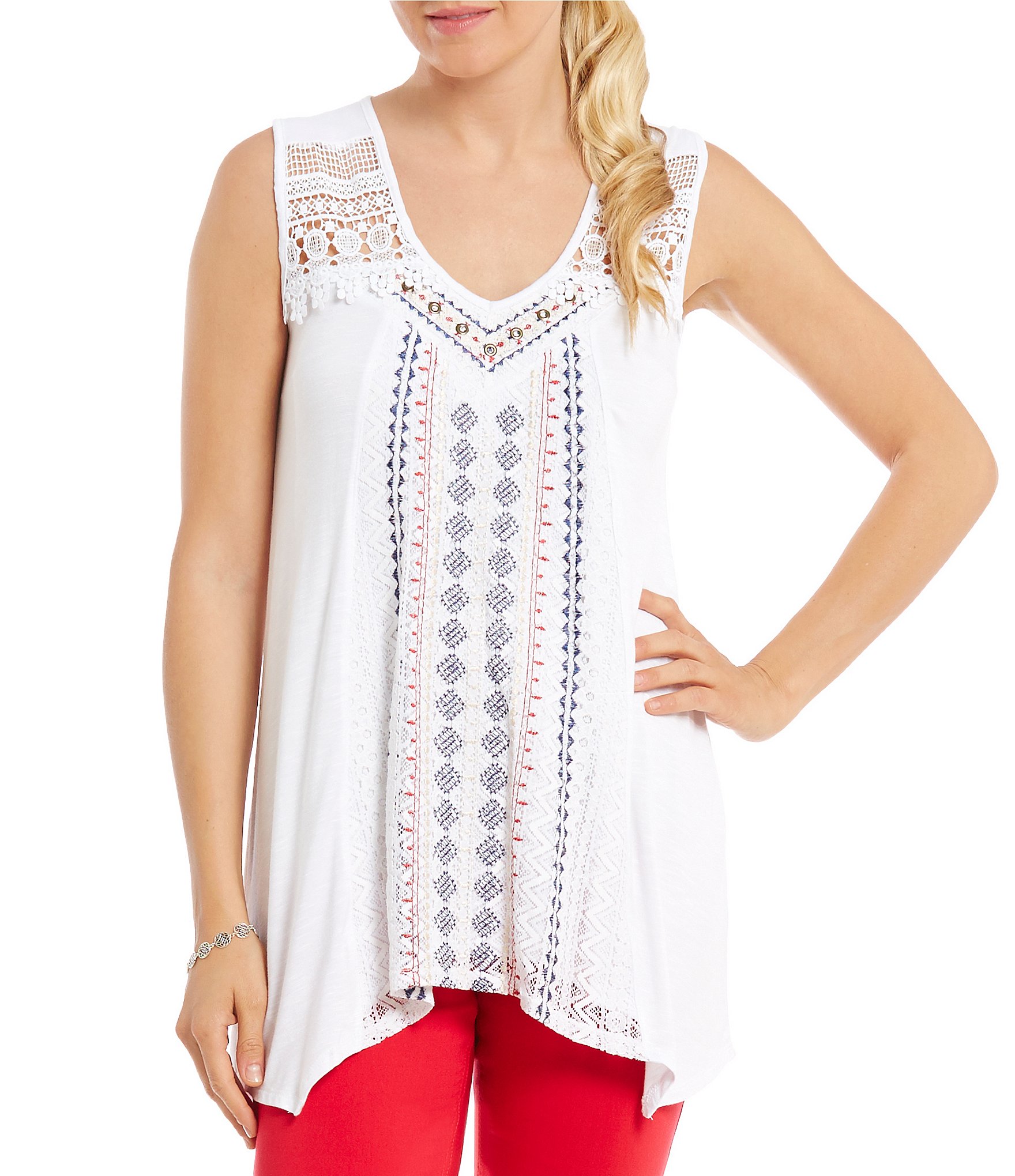 Multiples Double V-Neck Solid Knit Sleeveless Lace Top | Dillards