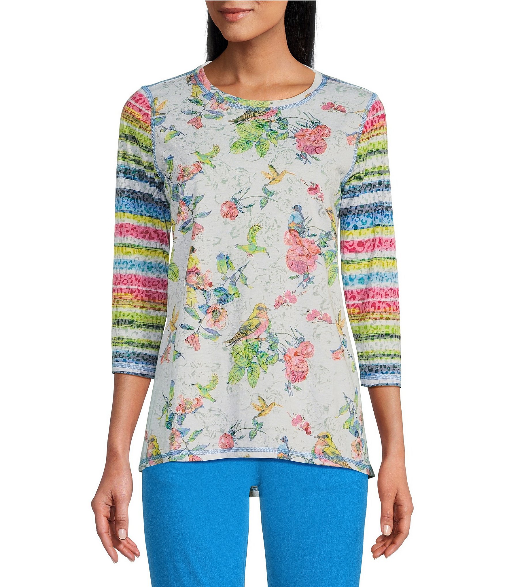 Multiples Floral Bird and Striped Print Scoop Neck 3/4 Sleeve Burnout ...