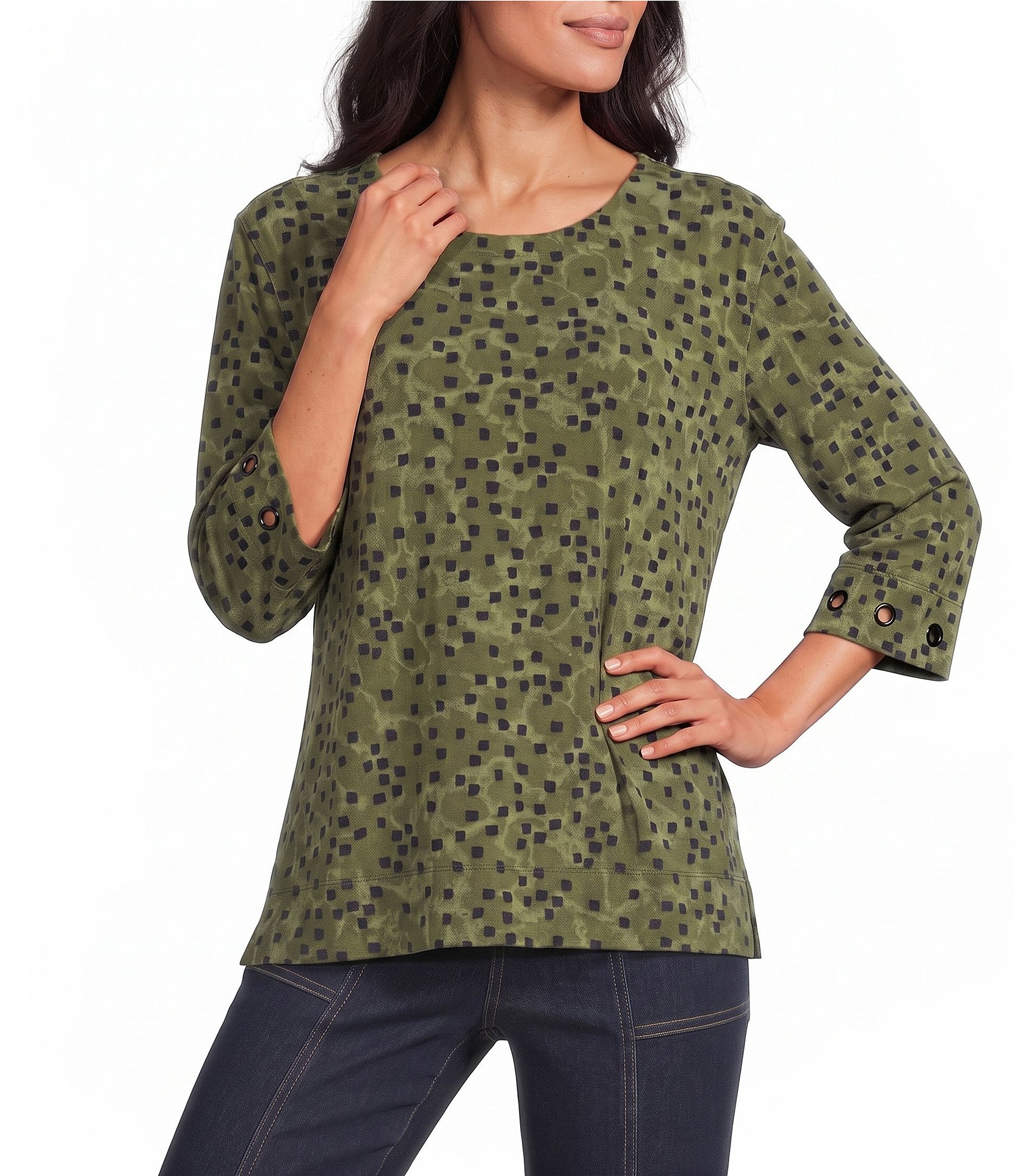 Multiples Knit Dotted Print Scoop Neck 3/4 Sleeve Top