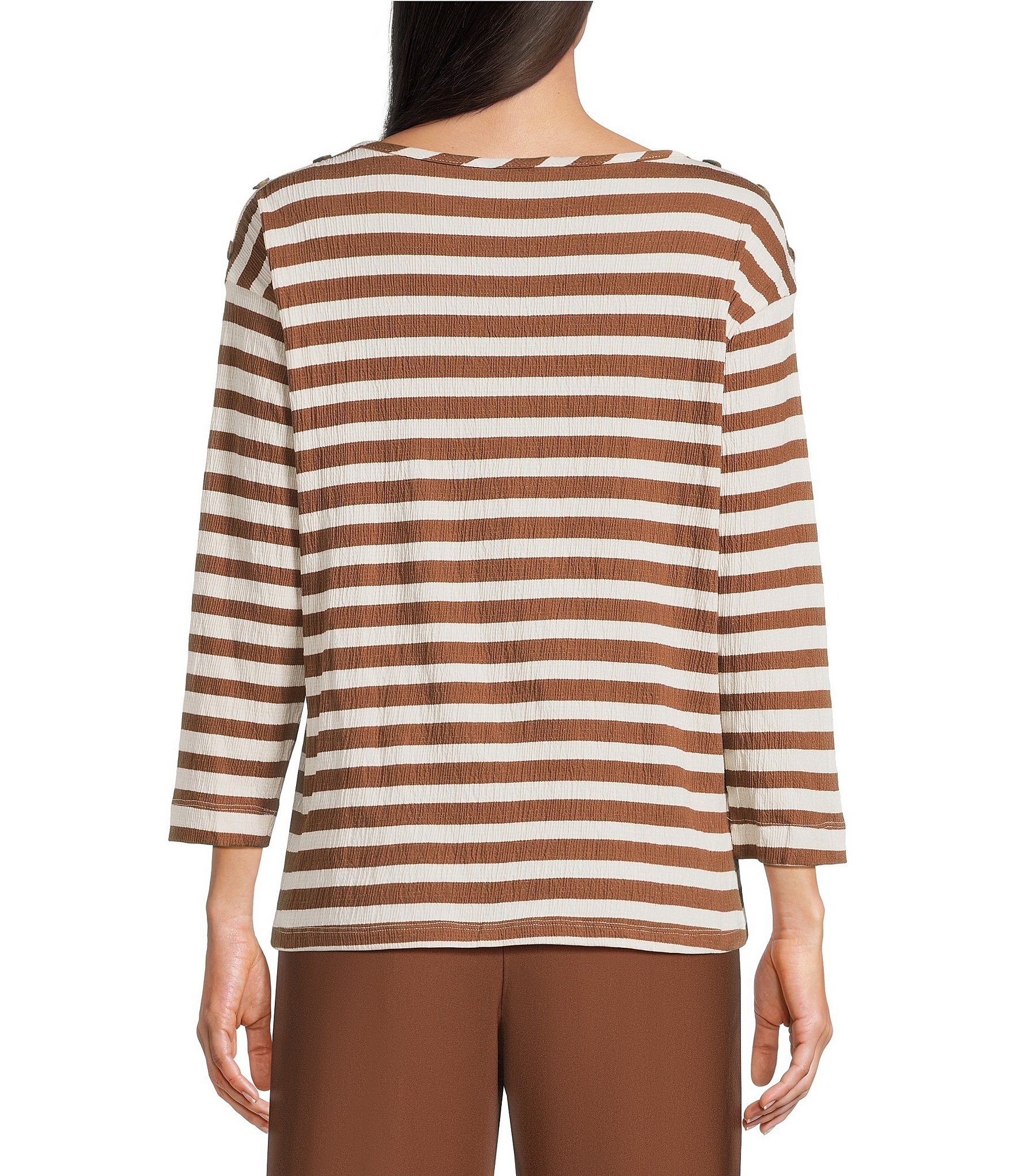 Multiples Knit Stripe Wide Neck 3/4 Sleeve Drop Shoulders Top