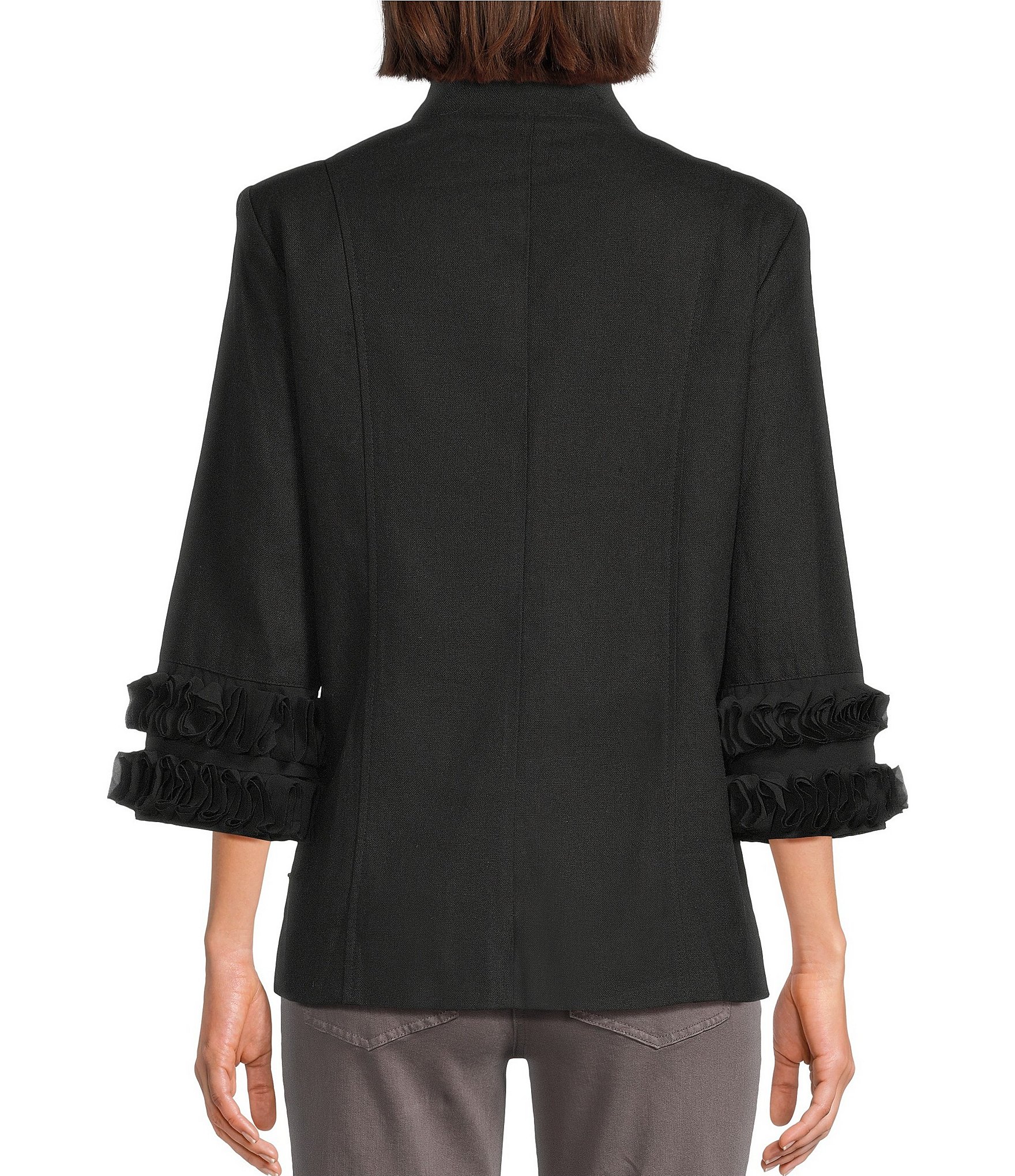 Multiples Linen Blend Georgette Stripe Trim Stand Collar 3/4 Sleeve Open-Front Jacket