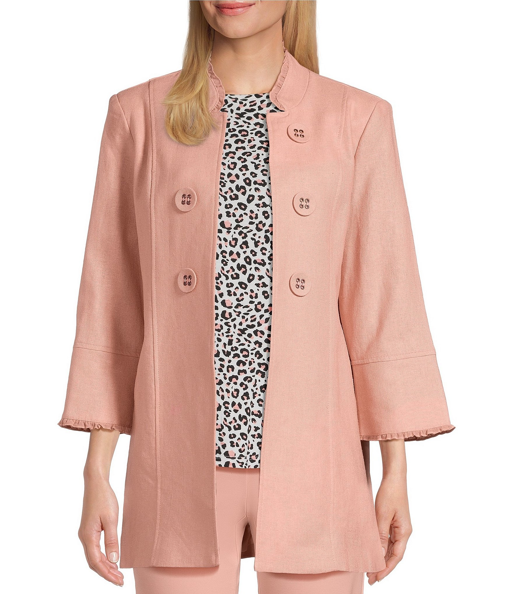 Multiples Linen-Blend Stand Collar 3/4 Flounce Sleeve Open Front Jacket
