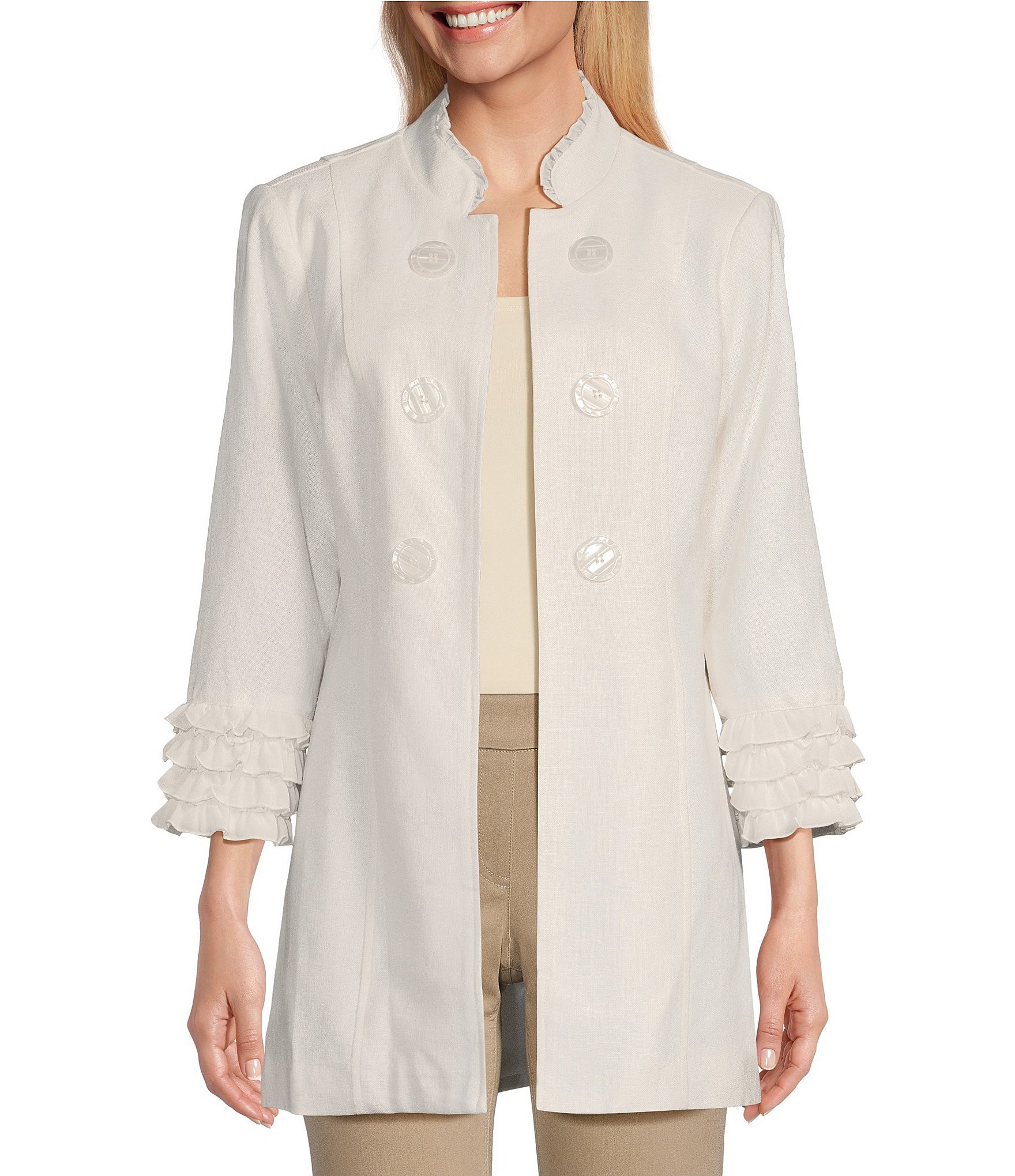 Multiples Linen-Blend Stand Collar 3/4 Sleeve Double Button Jacket |  Dillard's