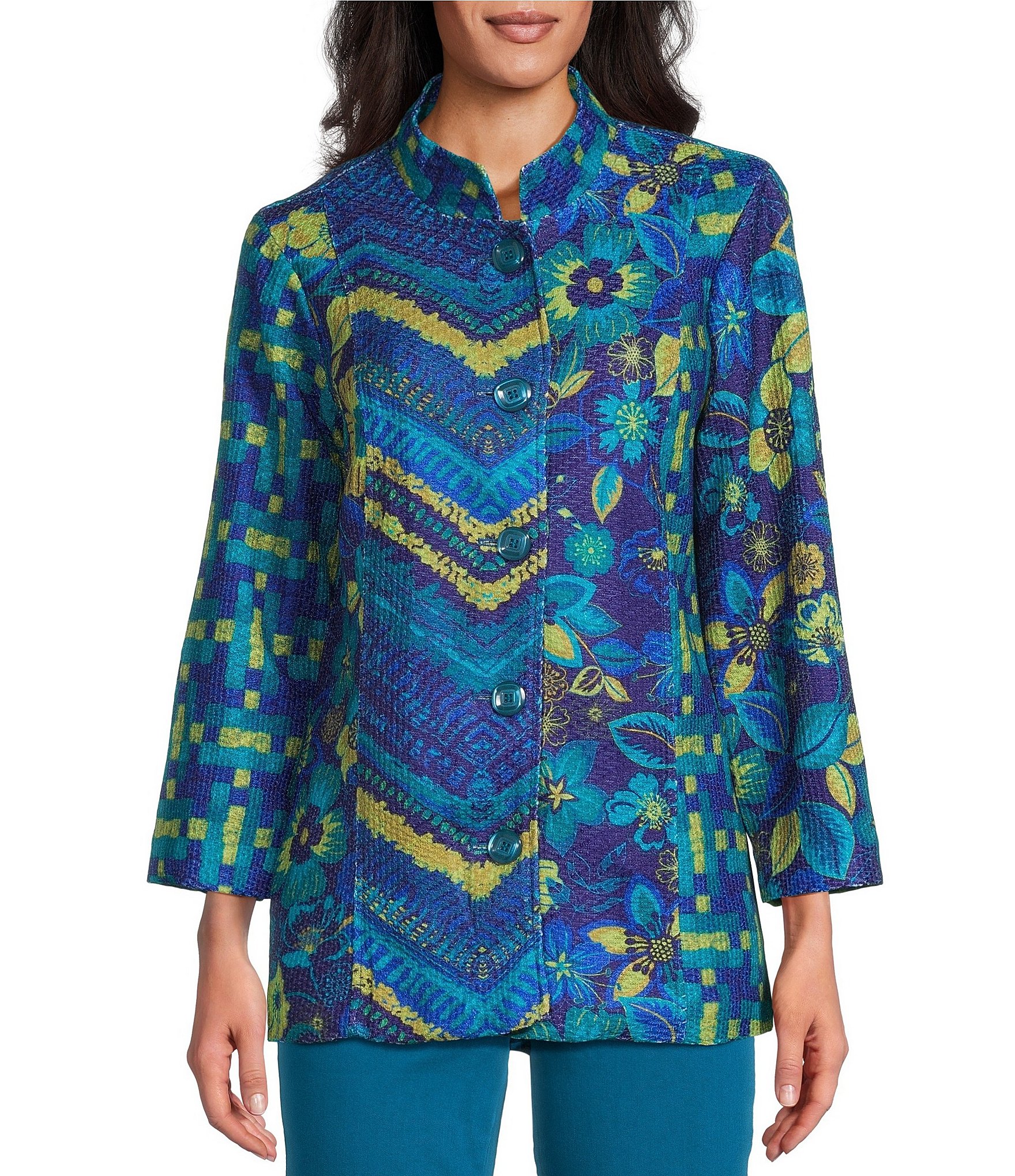 Multiples Multi Print Stand Collar 3/4 Sleeve Button-Front Jacket