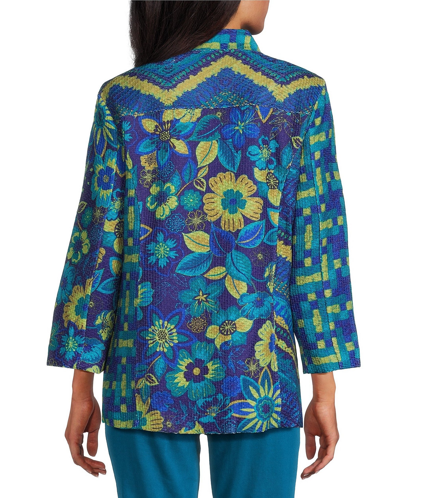 Multiples Multi Print Stand Collar 3/4 Sleeve Button-Front Jacket