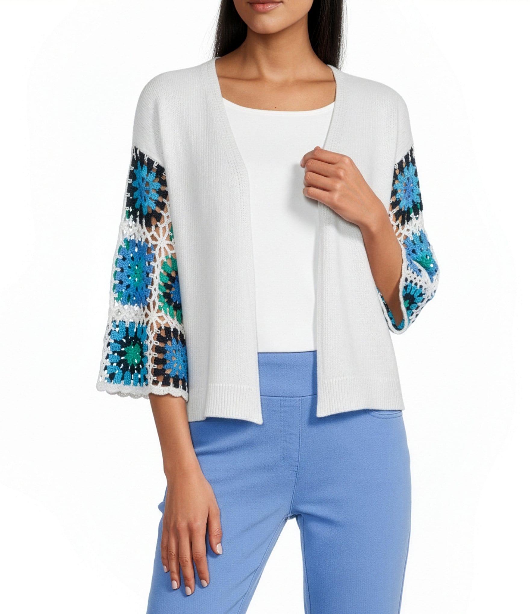 Multiples Petite Size 3/4 Crochet Sleeve Open-Front Cardigan