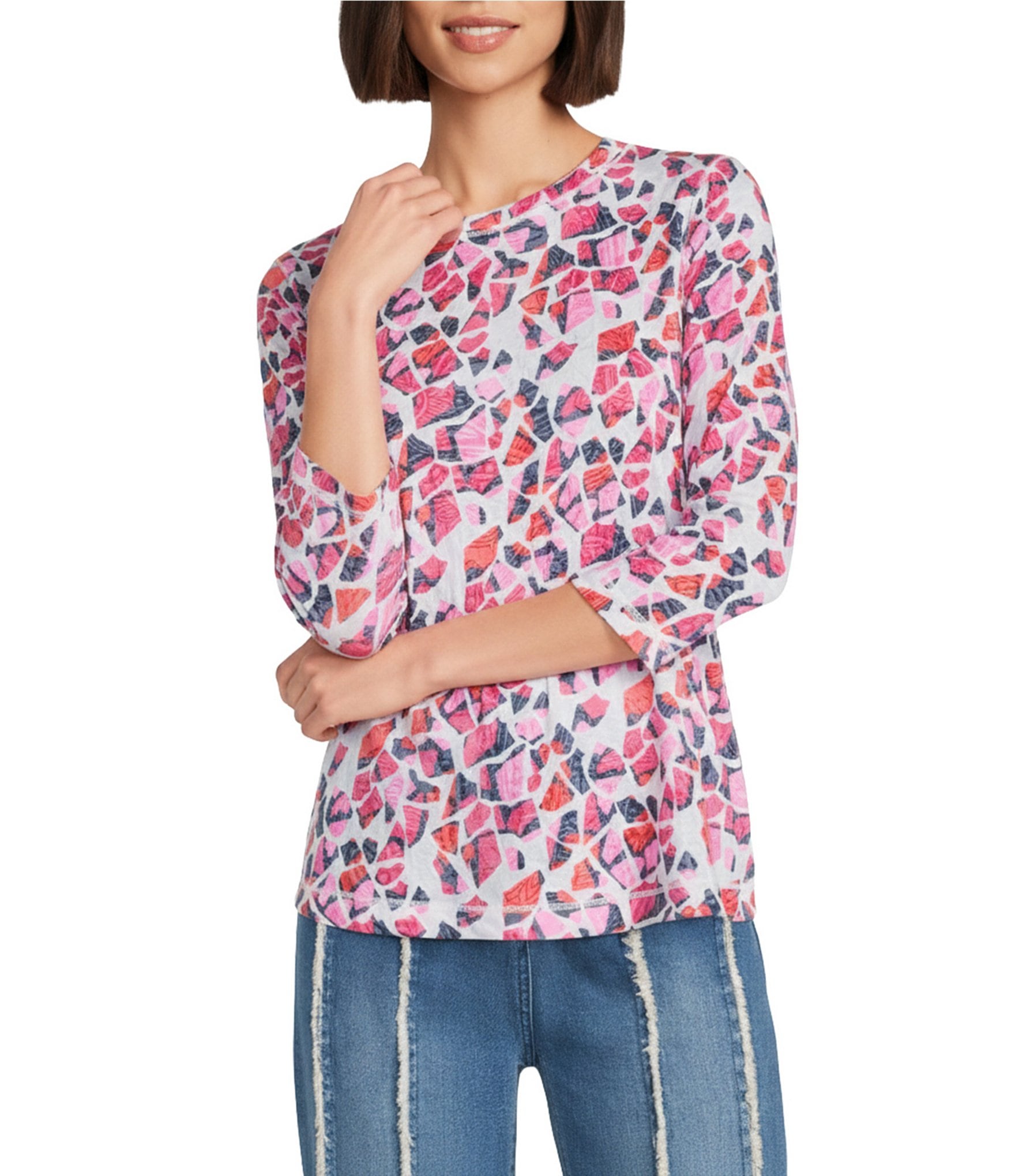 Multiples Petite Size Burnout Knit Scoop Neck 3/4 Sleeve Crinkle Paisley Print Top